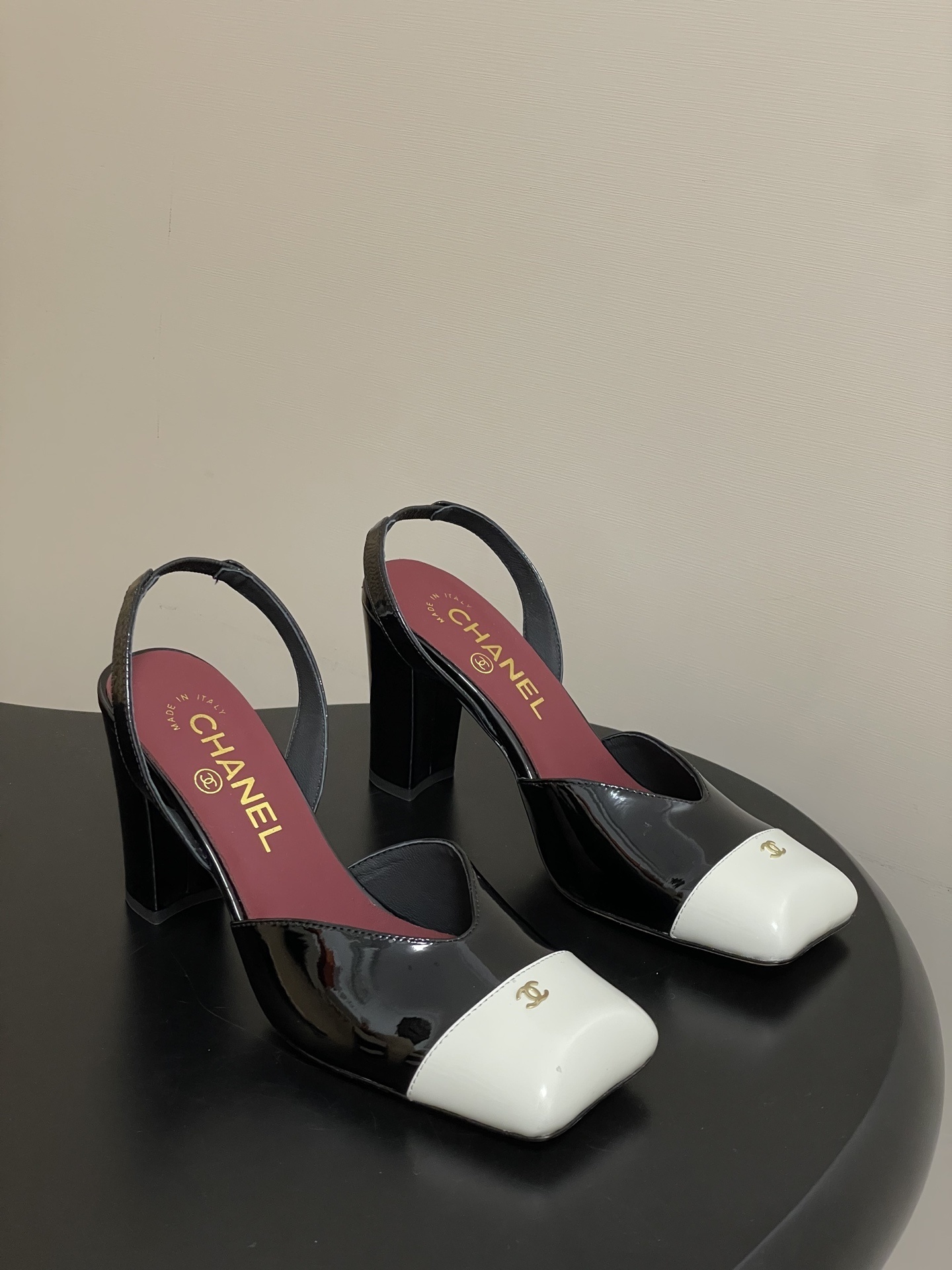 Chanel Two-Tone Patent Leather Slingback Heels with Square Toe