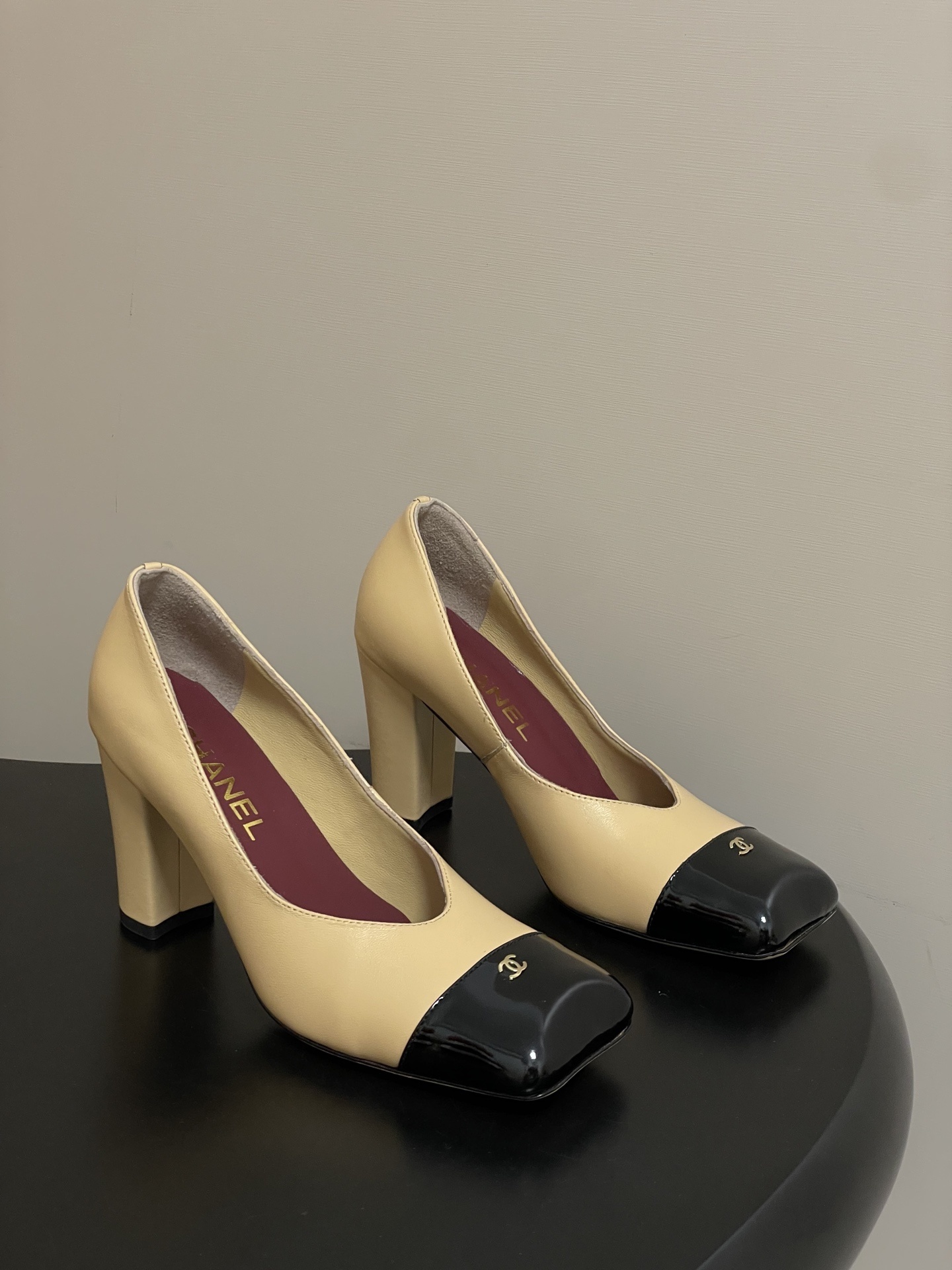 Luxury Beige Leather Square Toe Block Heel Pumps with Black Cap