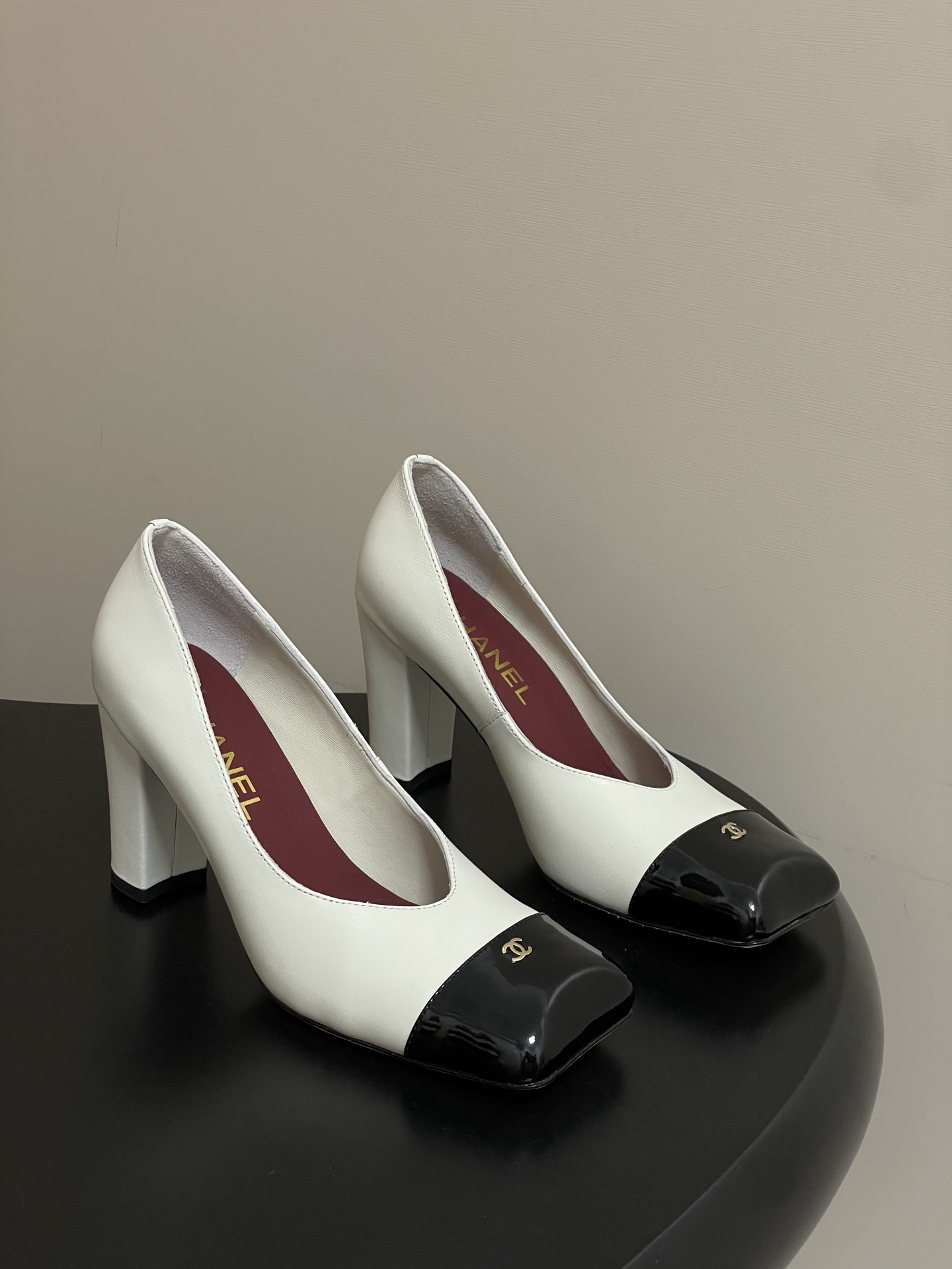 Luxury Chanel Two-Tone Block Heel Pumps – White & Black Square Toe
