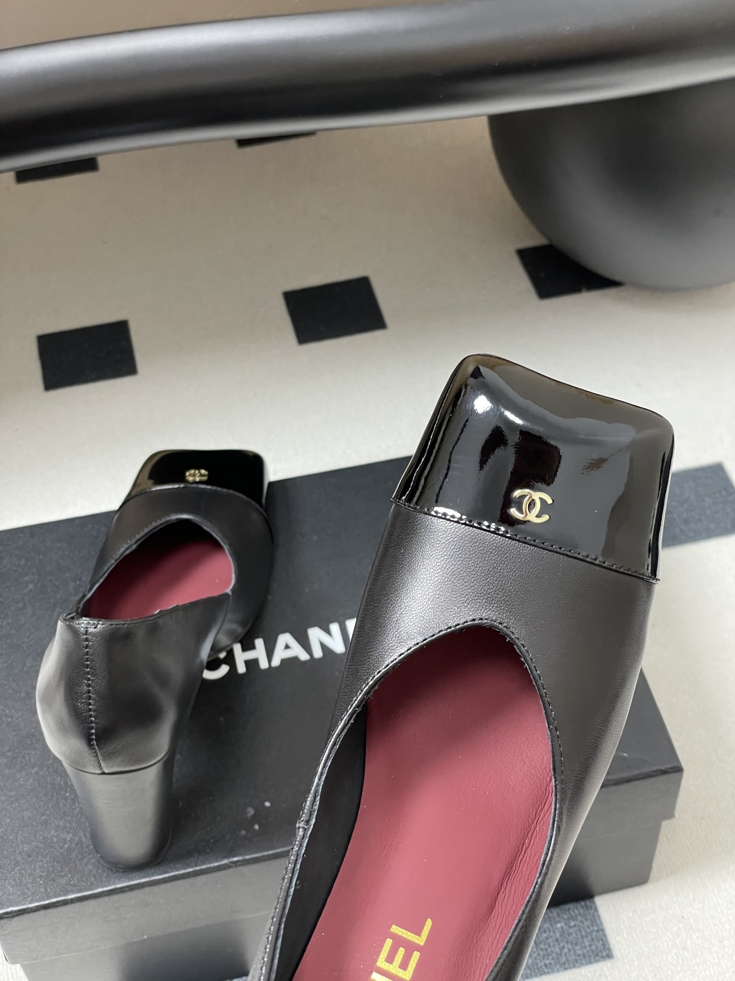 Chanel Black Leather Square Toe Block Heel Pumps with Patent Cap