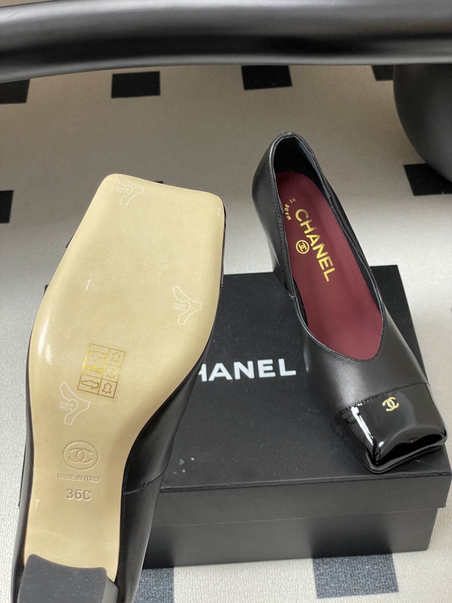 Chanel Black Leather Square Toe Block Heel Pumps with Patent Cap