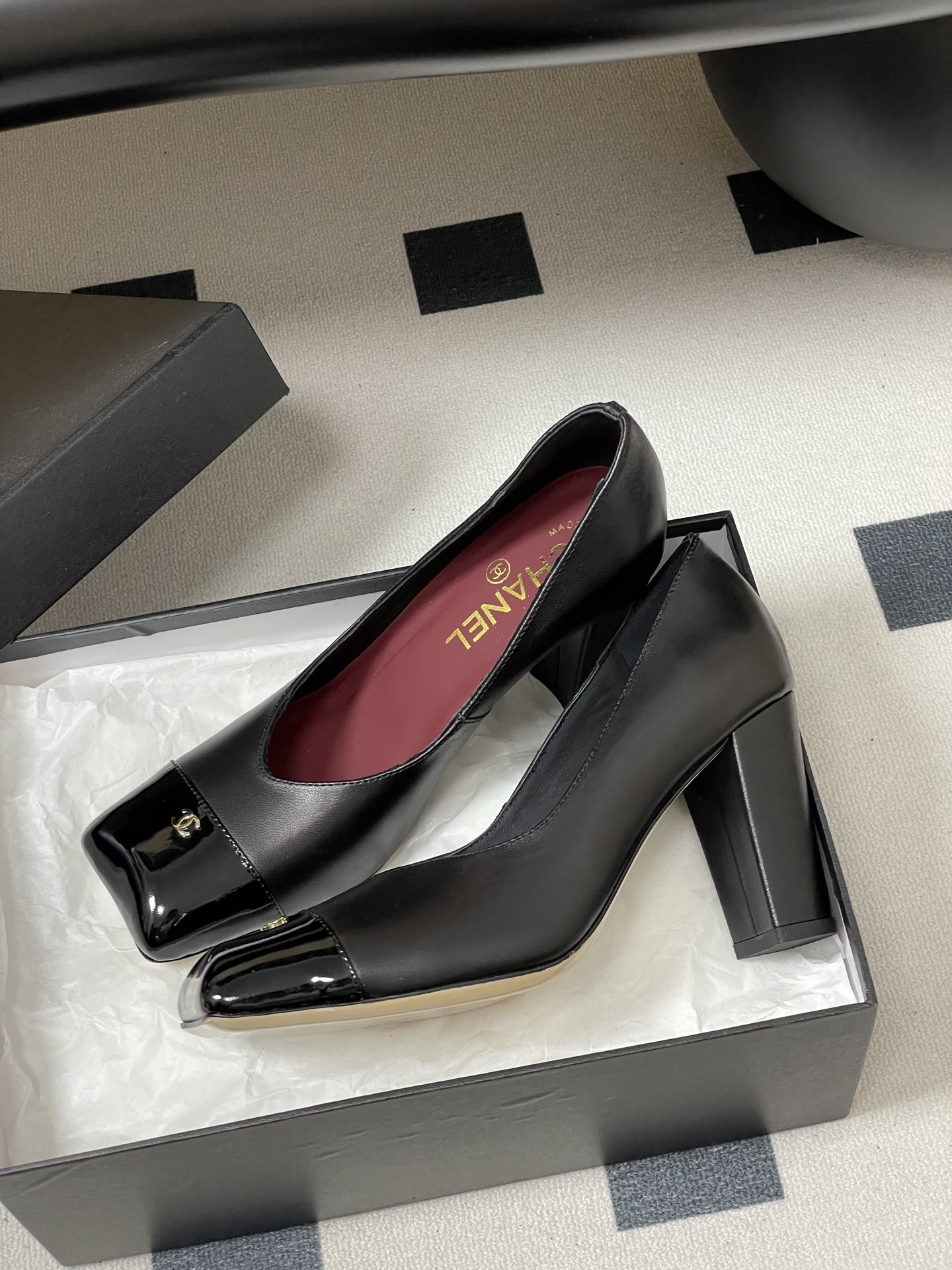 Chanel Black Leather Square Toe Block Heel Pumps with Patent Cap