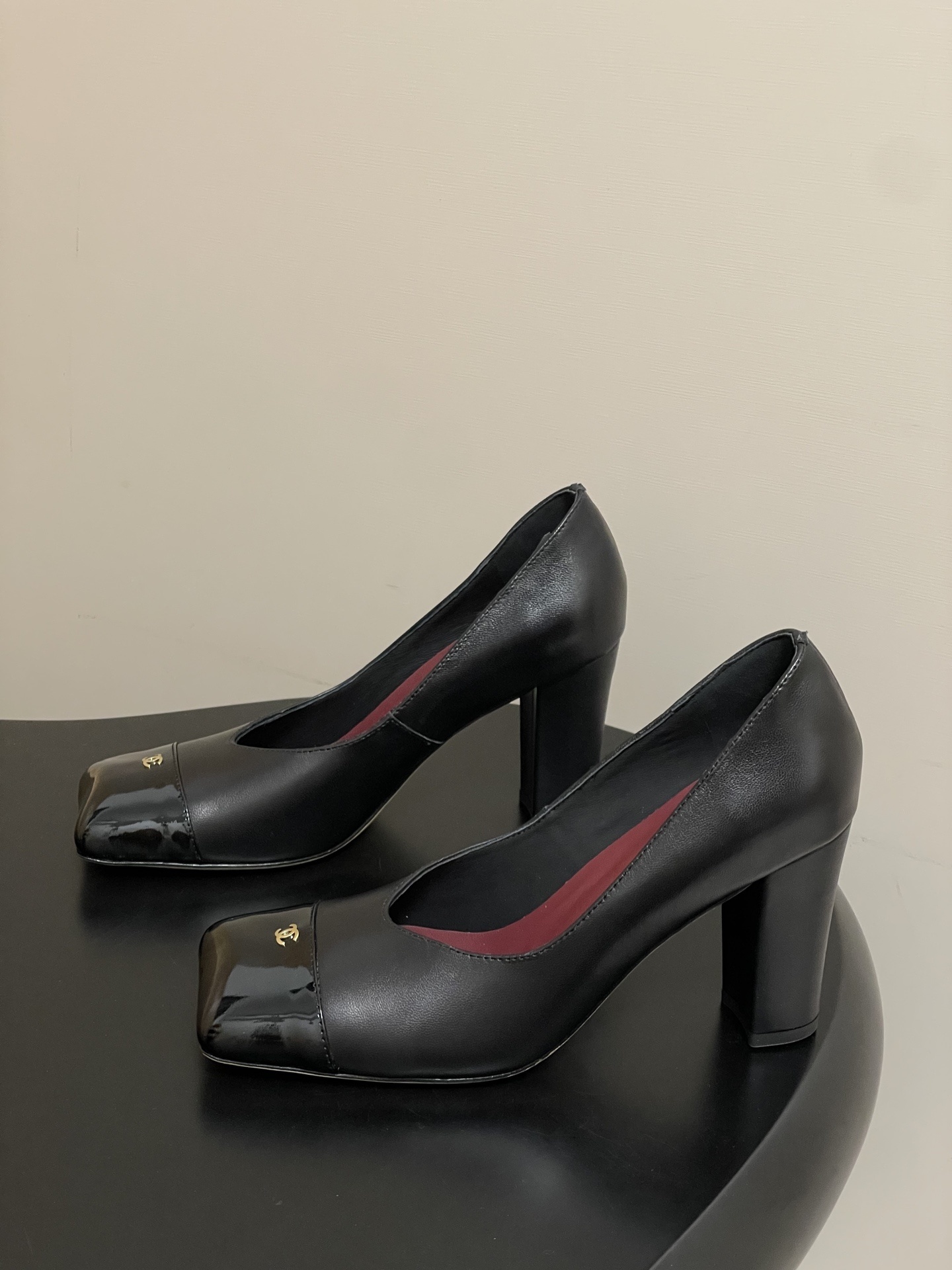 Chanel Black Leather Square Toe Block Heel Pumps with Patent Cap