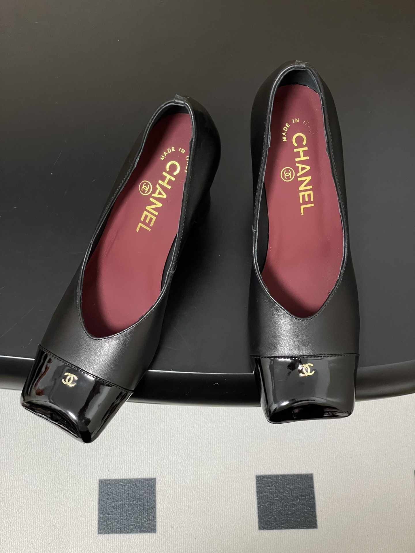 Chanel Black Leather Square Toe Block Heel Pumps with Patent Cap