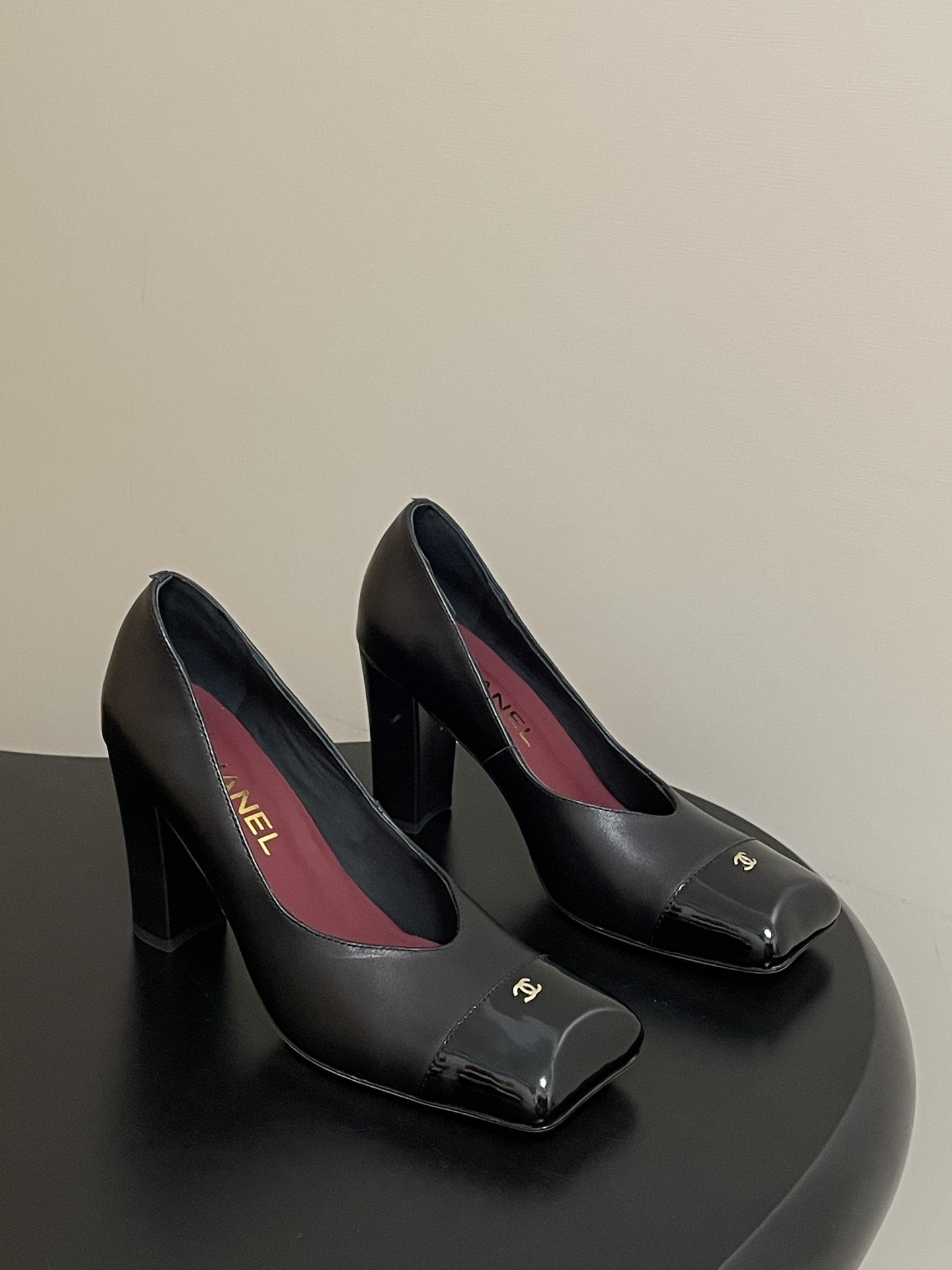 Chanel Black Leather Square Toe Block Heel Pumps with Patent Cap