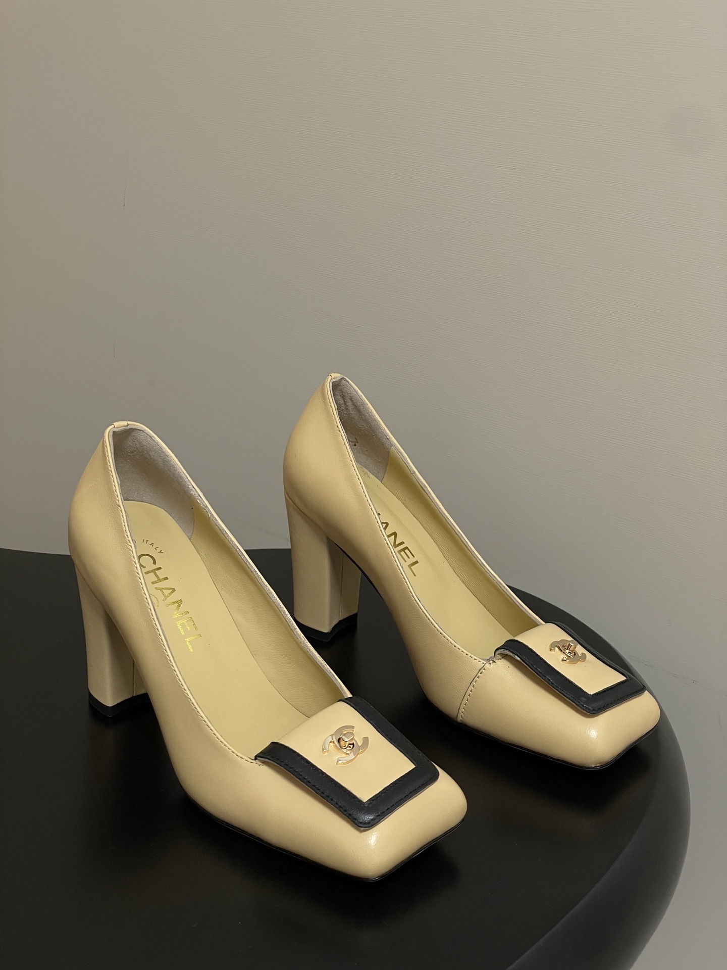Chanel Beige Leather Square Toe Block Heel Pumps with CC Logo