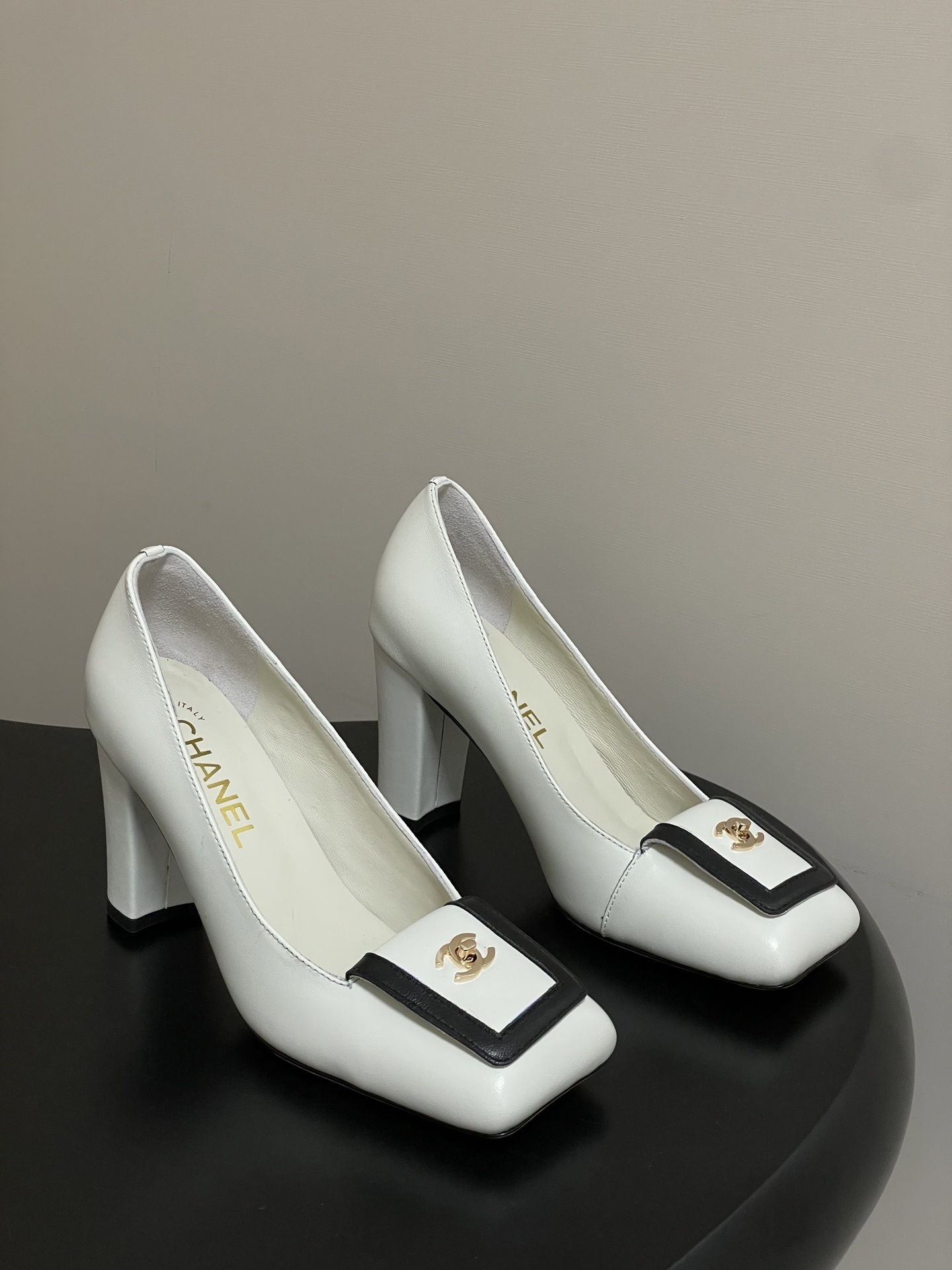 Chanel White Leather Block Heel Pumps with Black Square Toe
