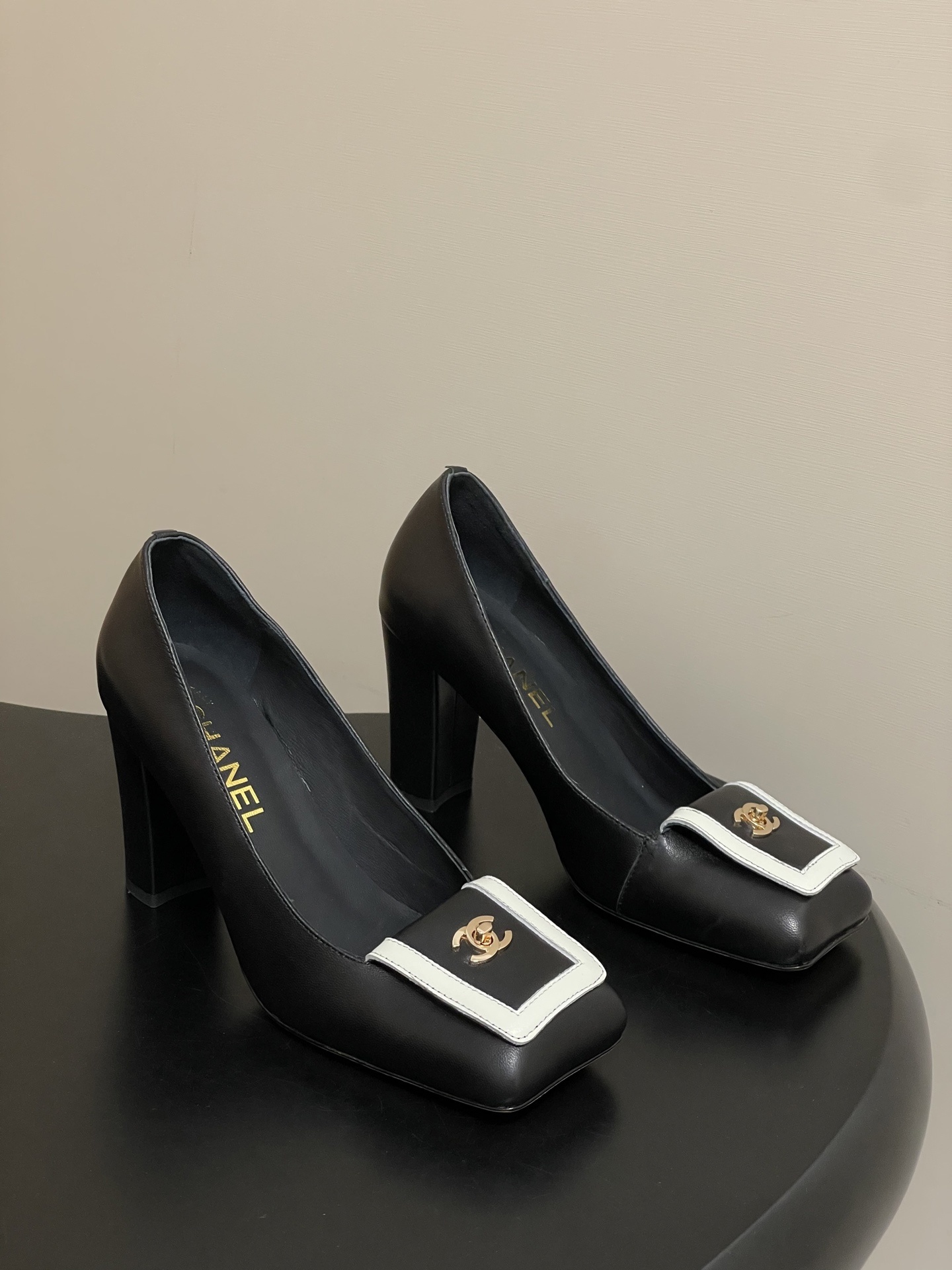Chanel Black Leather Square Toe Pumps – Gold CC Logo Block Heels