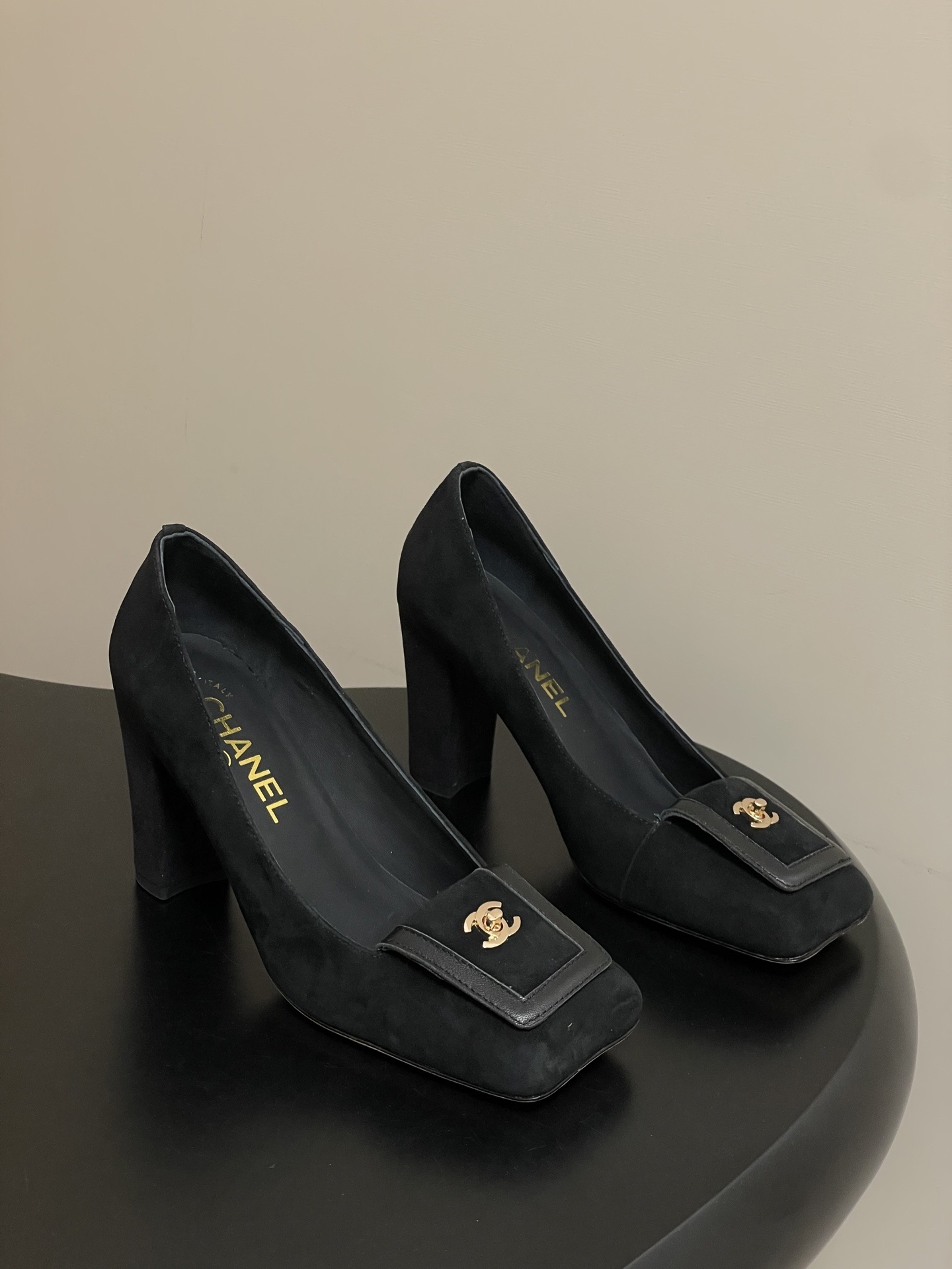 Chanel Black Suede Square Toe Pumps with Gold CC Logo Block Heels