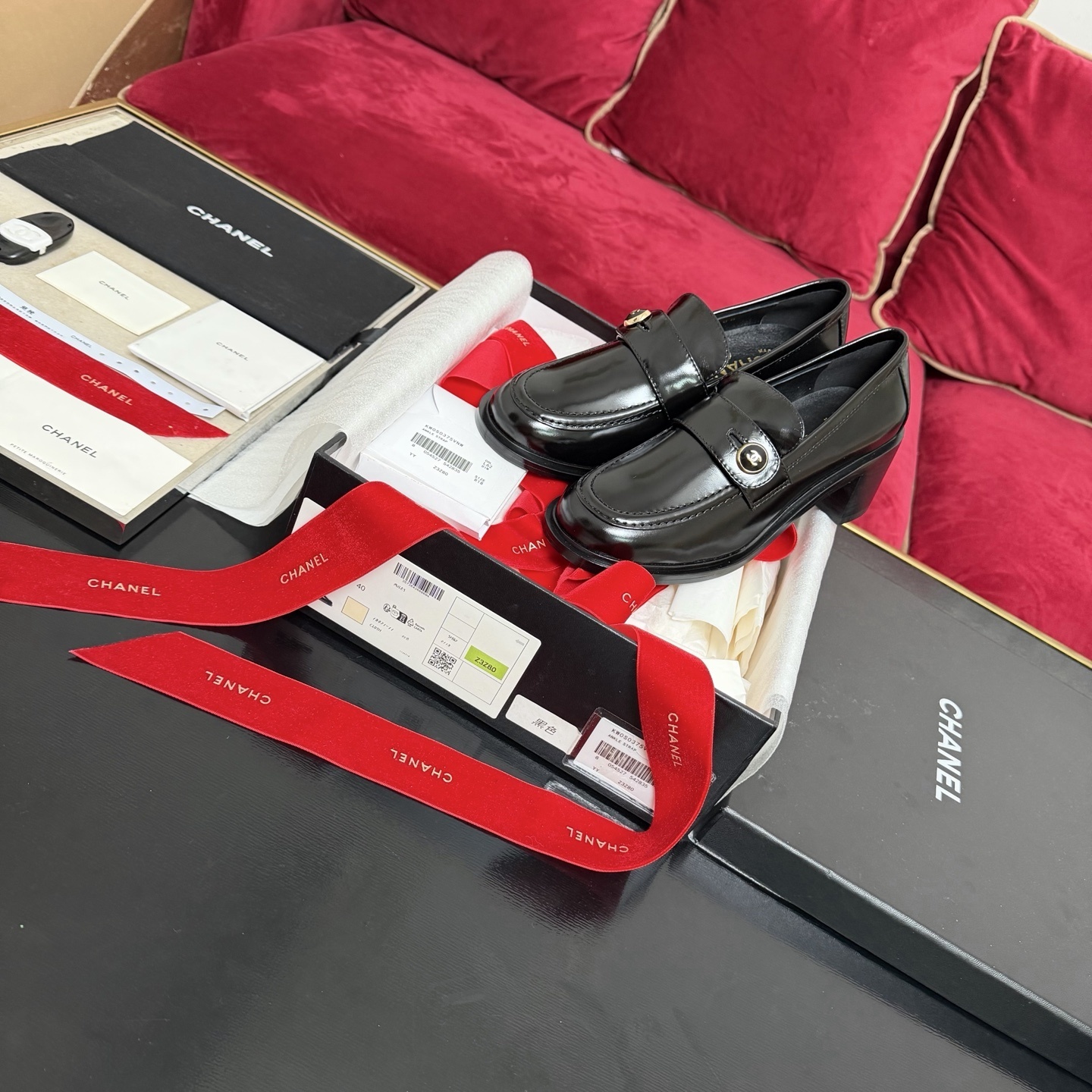 Chanel Black Shiny Leather Loafers with Gold CC Logo & Block Heel