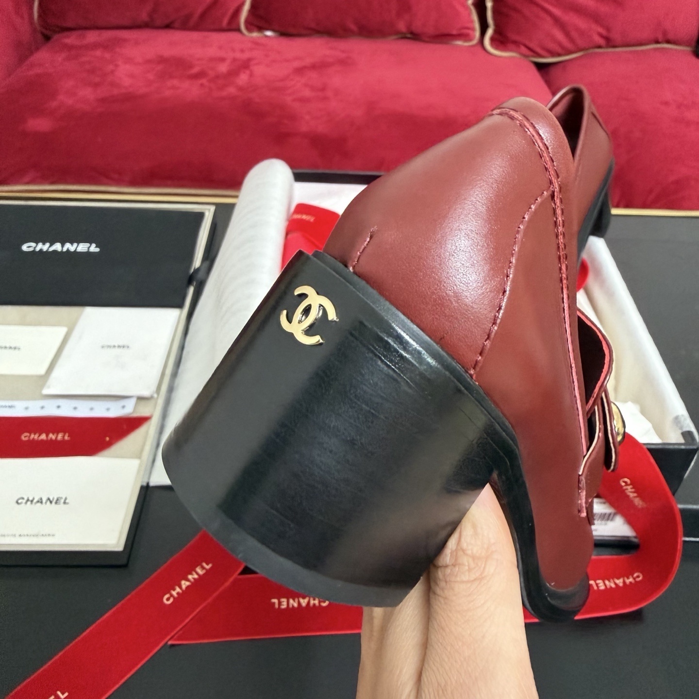 Chanel Burgundy Leather Block Heel Loafers with CC Logo