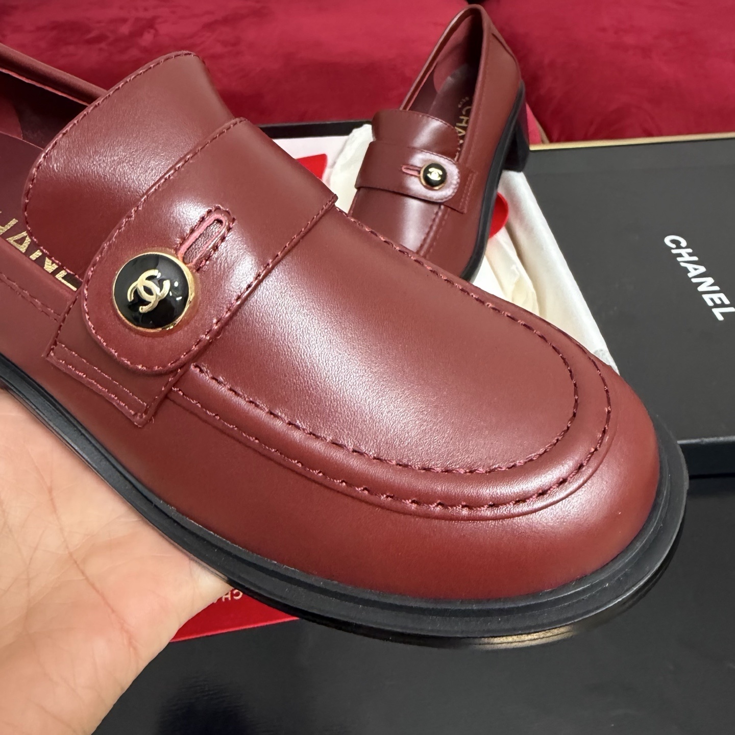 Chanel Burgundy Leather Block Heel Loafers with CC Logo