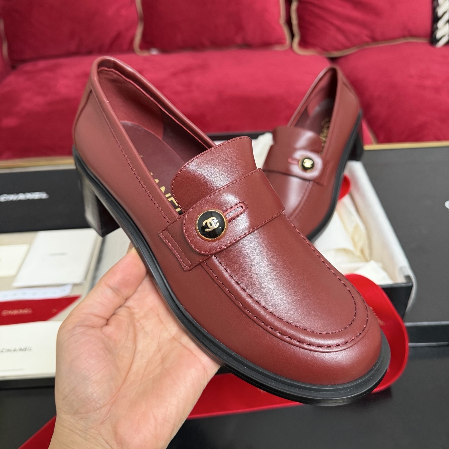Chanel Burgundy Leather Block Heel Loafers with CC Logo