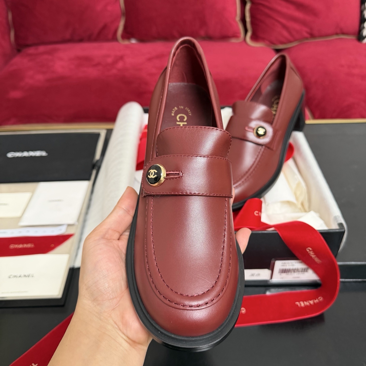 Chanel Burgundy Leather Block Heel Loafers with CC Logo
