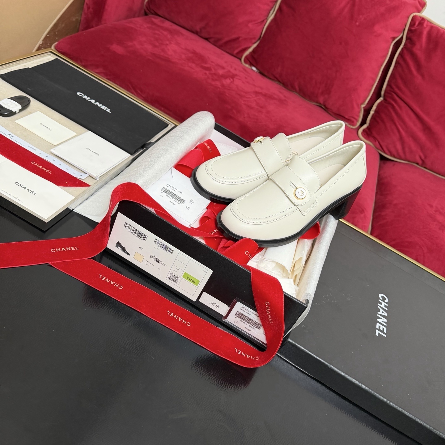 Chanel Ivory Leather Loafers with Block Heel and CC Button Detail