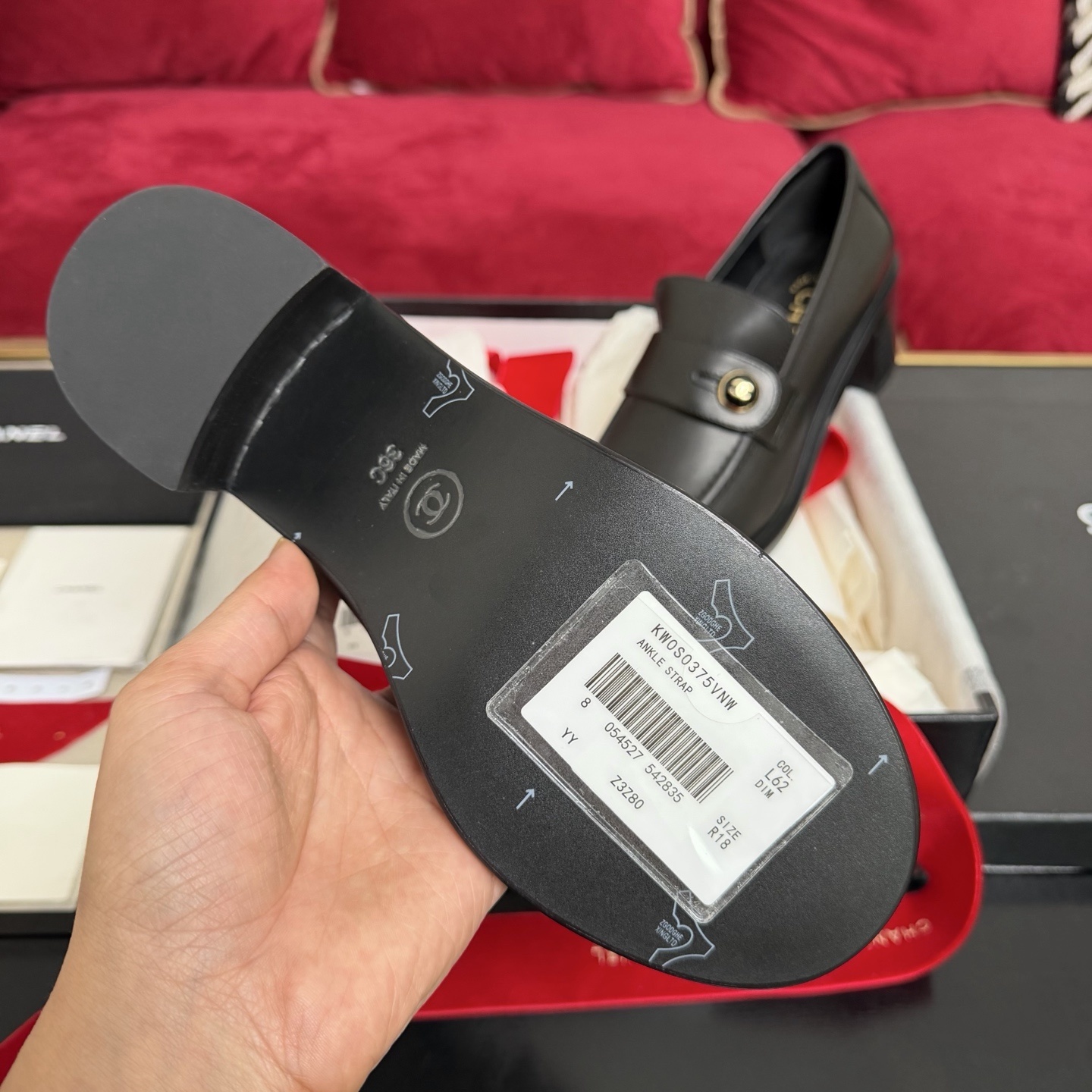 Authentic Chanel black leather loafers with block heels and gold CC logo buttons displayed in a box - Hình 9