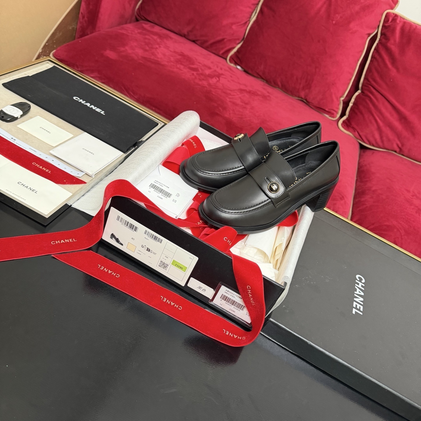 Chanel Black Leather Heeled Loafers with Gold CC Logo Button