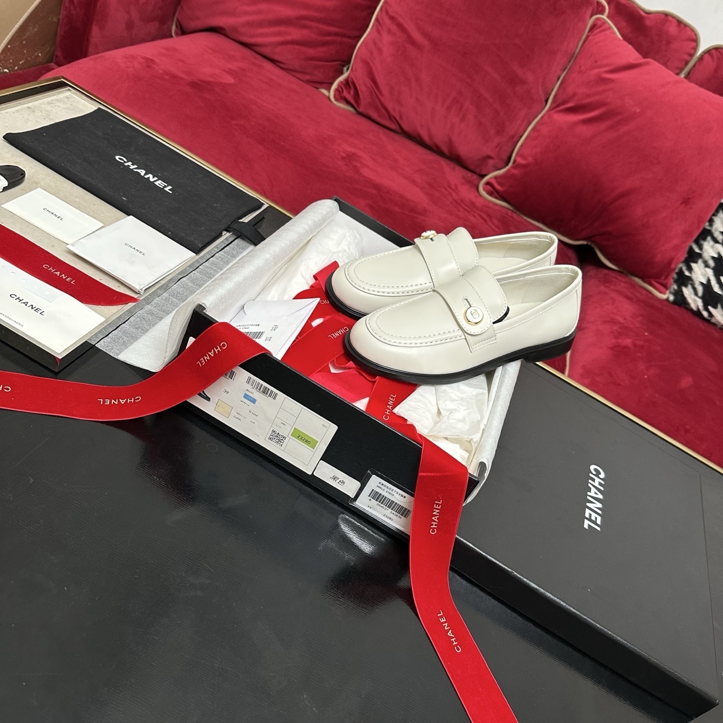 Chanel Luxury White Leather Loafers with Gold CC Logo Button