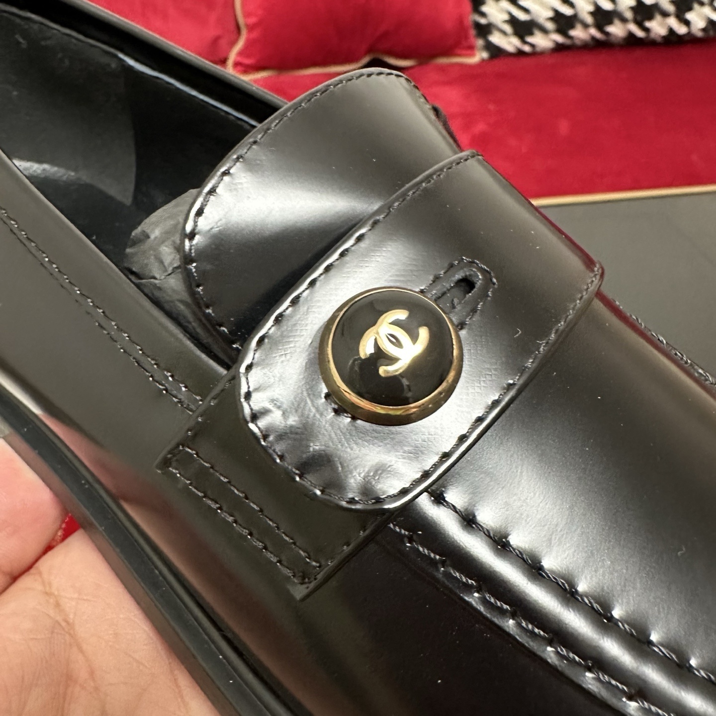 Pair of black Chanel leather loafers with gold CC buttons in original packaging with red ribbon - Hình 7