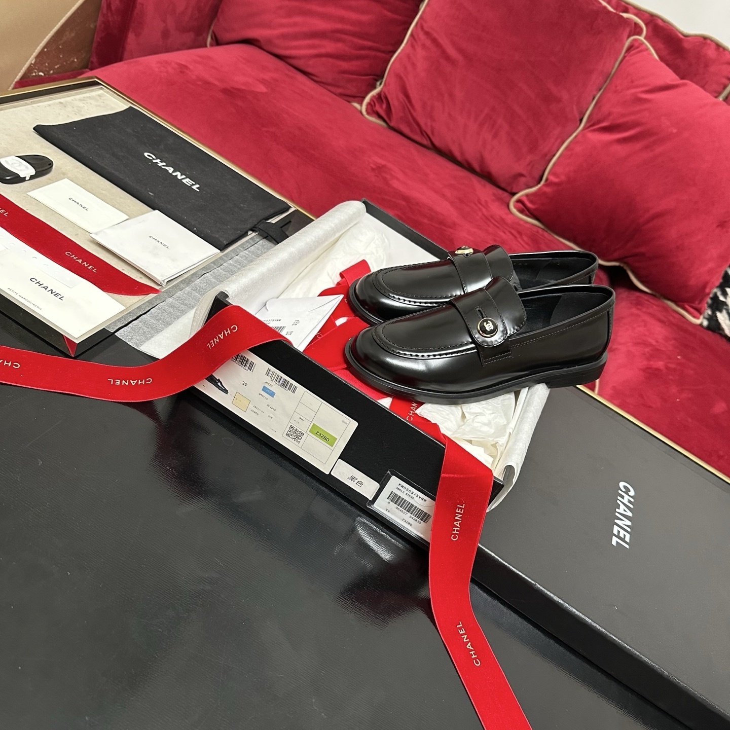 Chanel Black Calfskin Loafers with Gold CC Logo Button Hardware