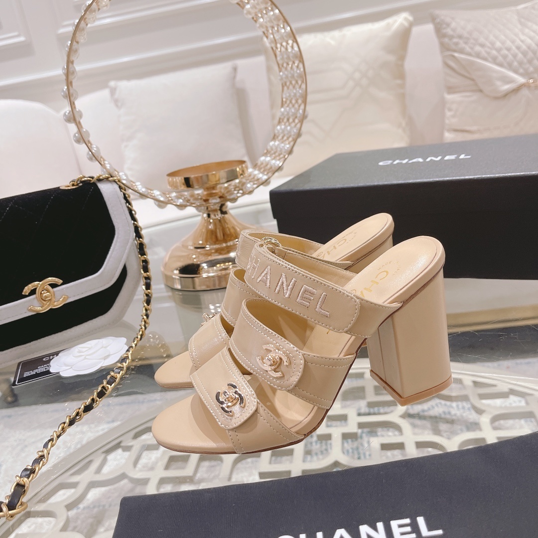 Chanel Beige Leather Block Heel Mules with Gold CC Logo Straps