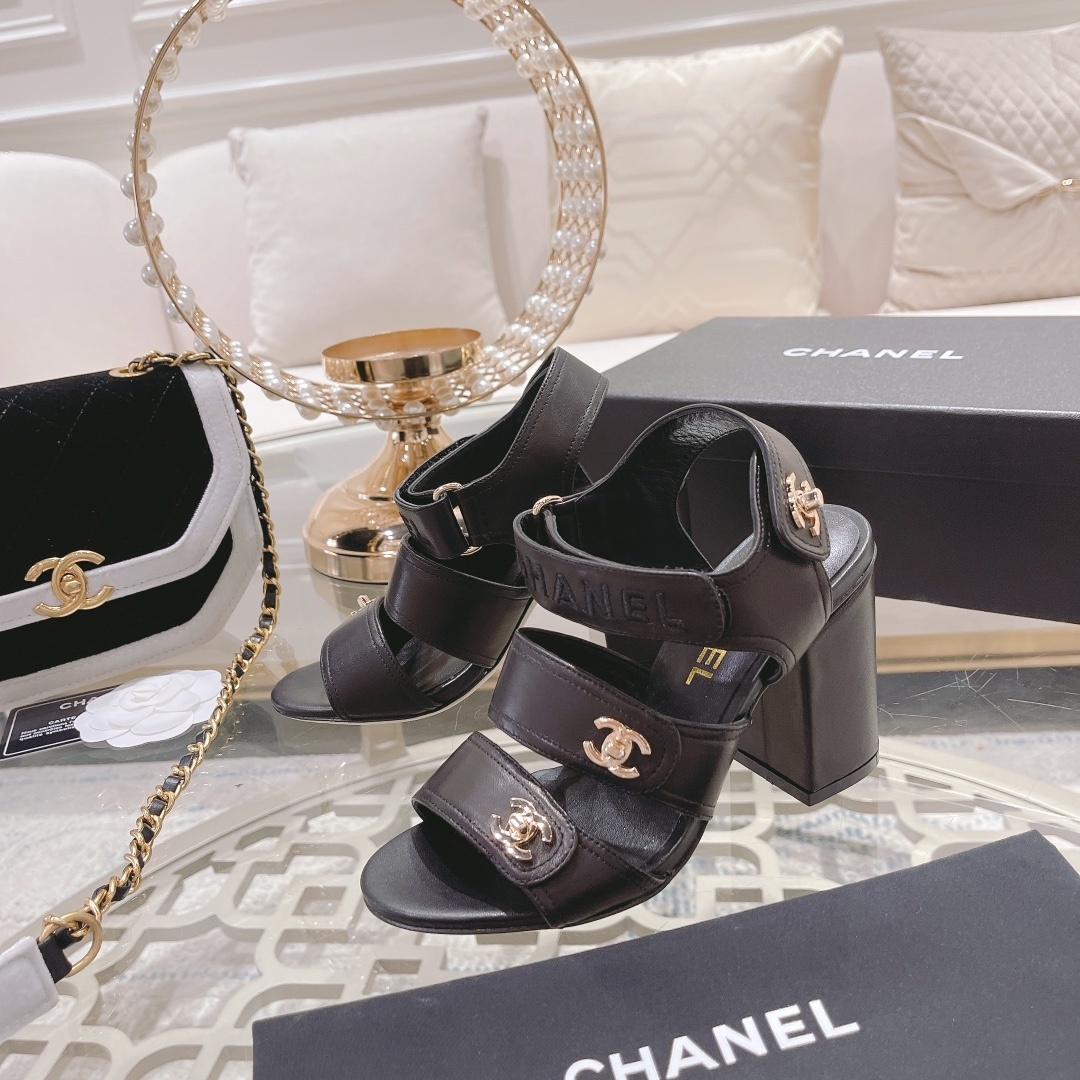 Chanel Black Leather Block Heel Sandals with Gold CC Logo