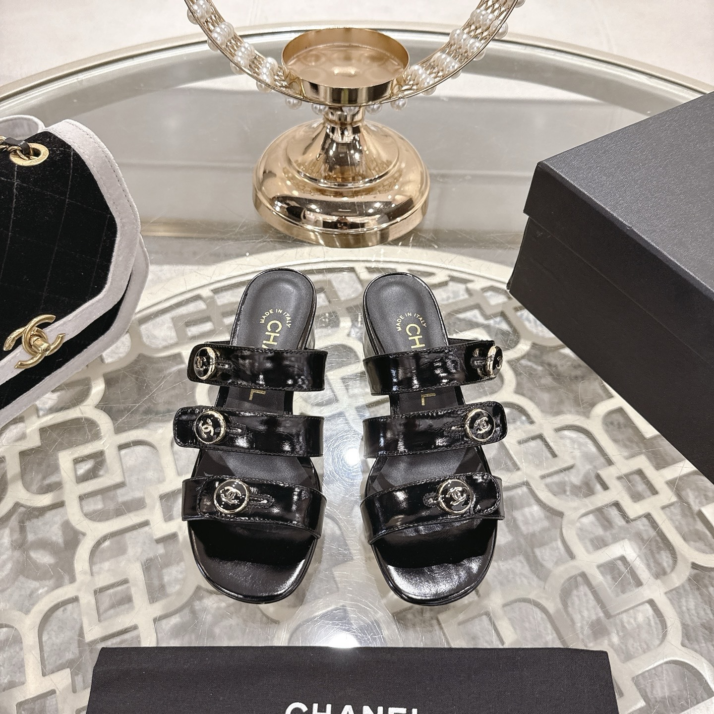 Chanel Black Patent Leather Triple Strap Mules with Block Heel