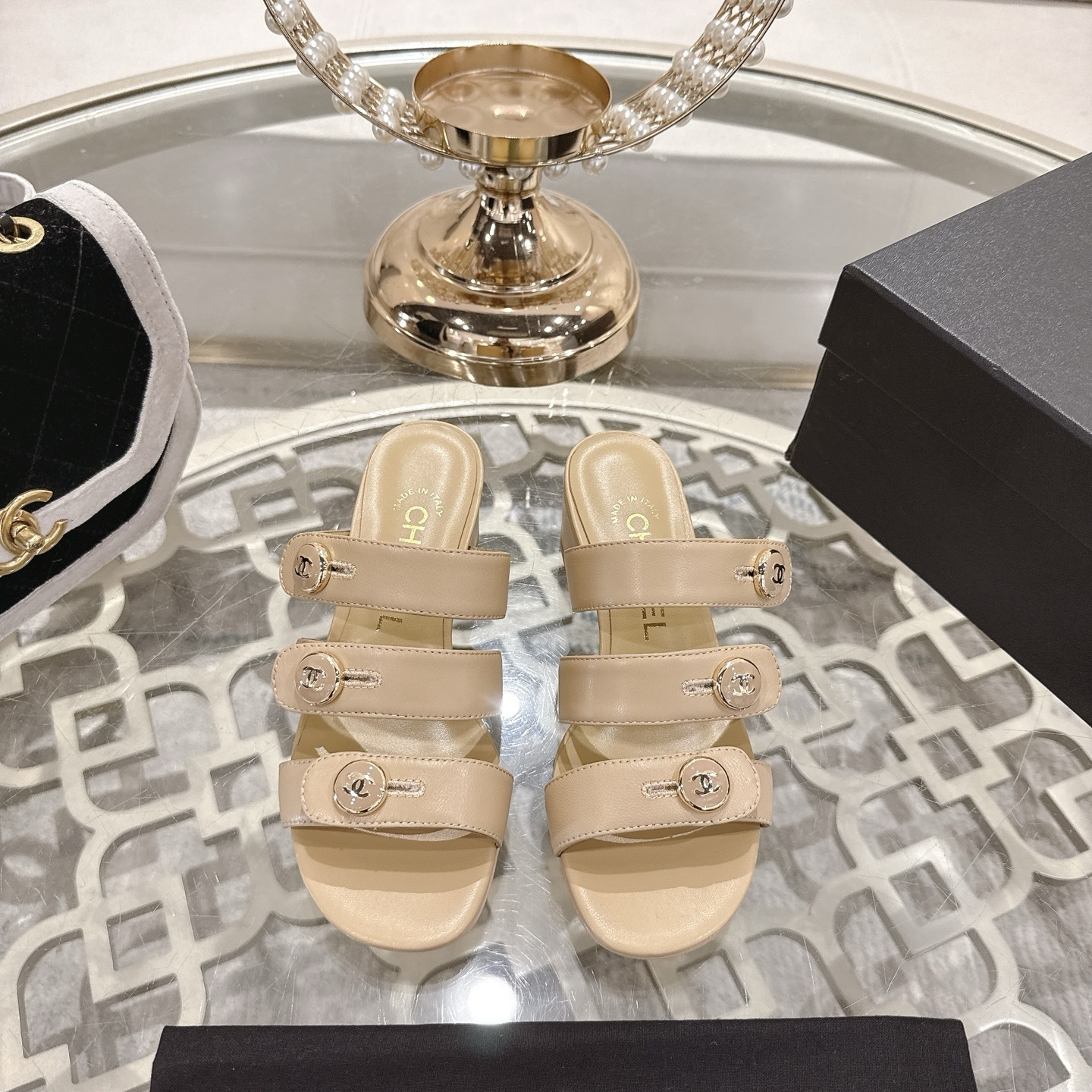 Chanel Beige Leather Triple Strap Block Heel Sandals with Gold CC