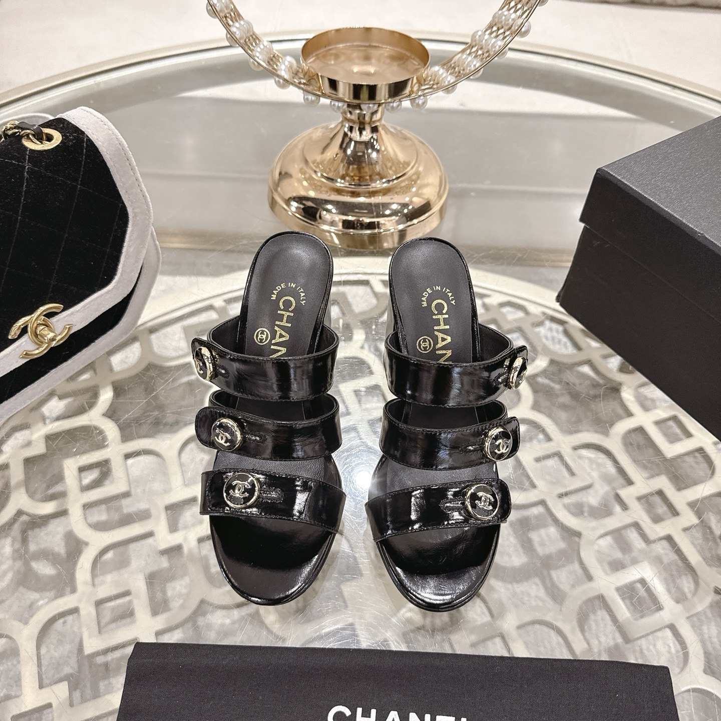 Luxury Black Patent Leather Triple Strap Mules with CC Buttons