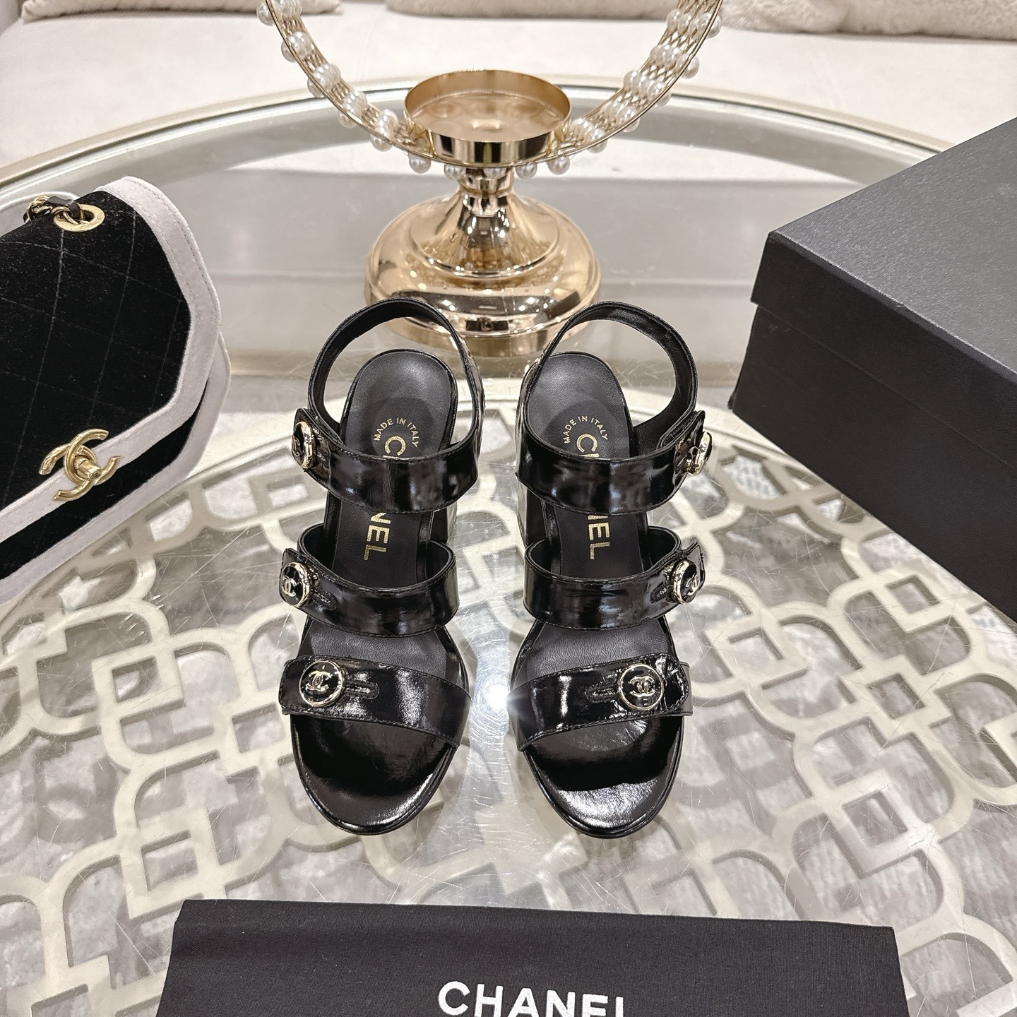 Elegant Black Patent Block Heel Sandals with CC Logo Buttons