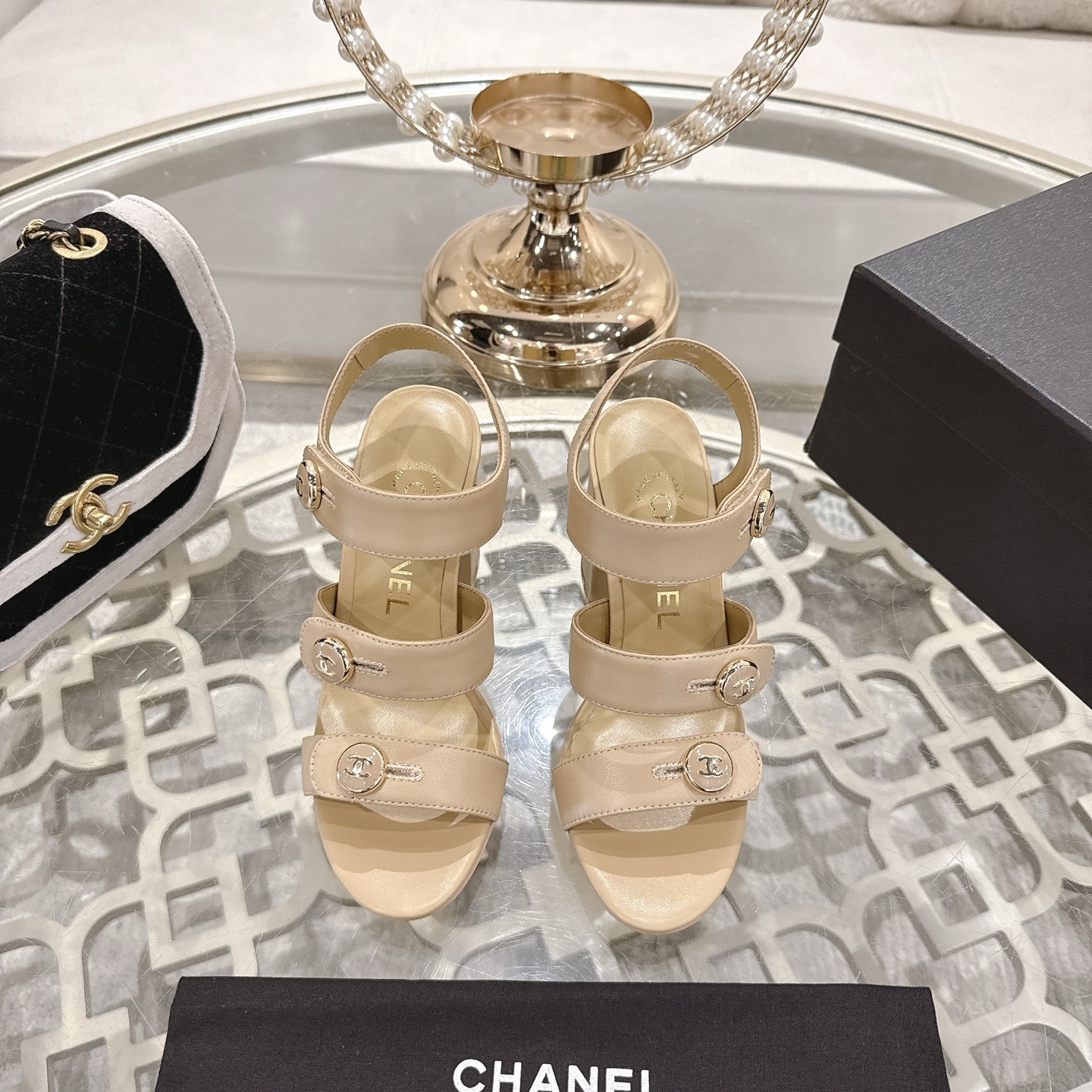 Luxury Chanel Beige Leather Block Heel Sandals with CC Buttons
