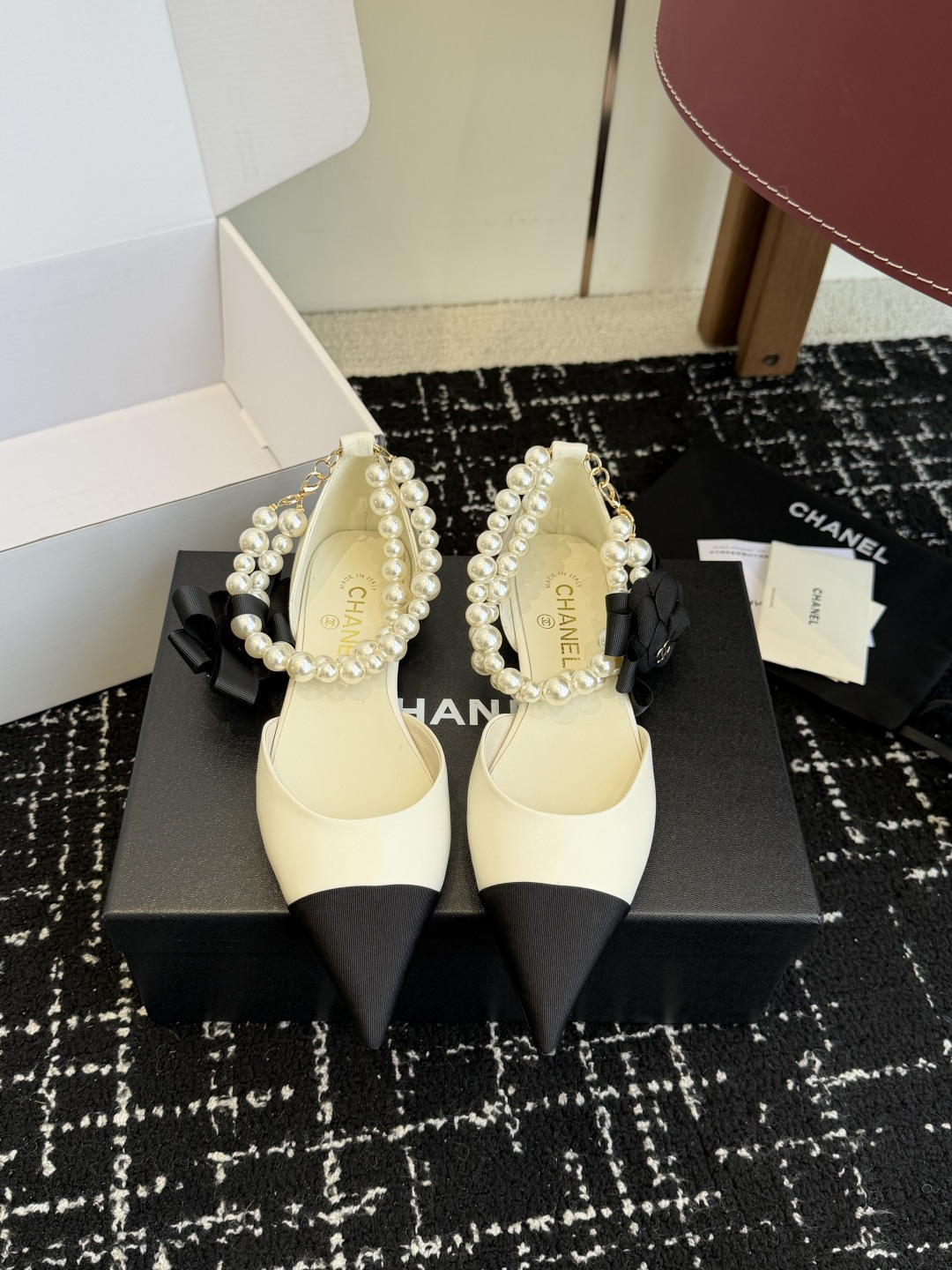 Chanel Two-Tone Pointed-Toe Flats with Pearl Straps & Camellia