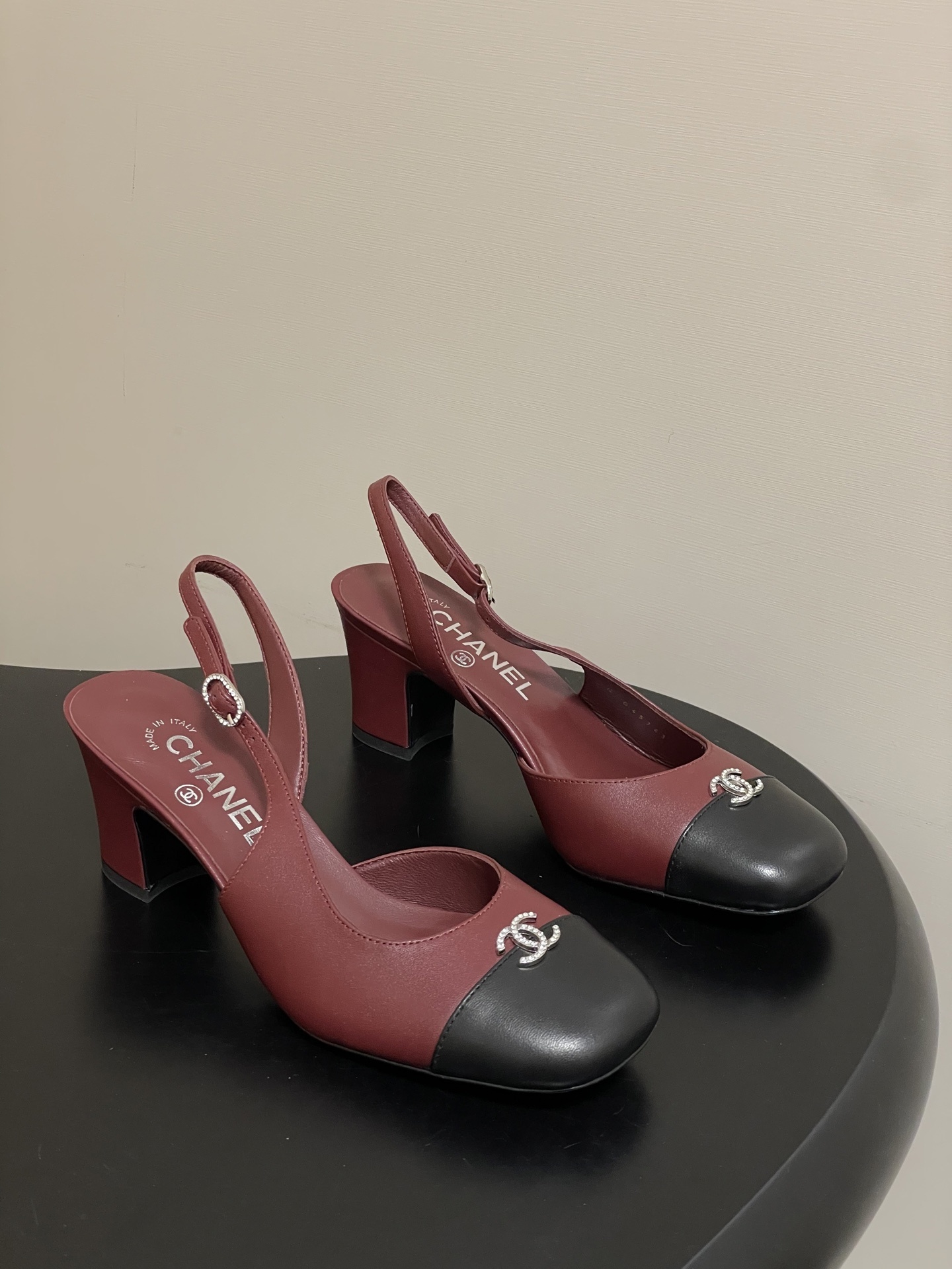 Chanel Burgundy & Black Leather Cap-Toe Slingback Block Heel Pumps