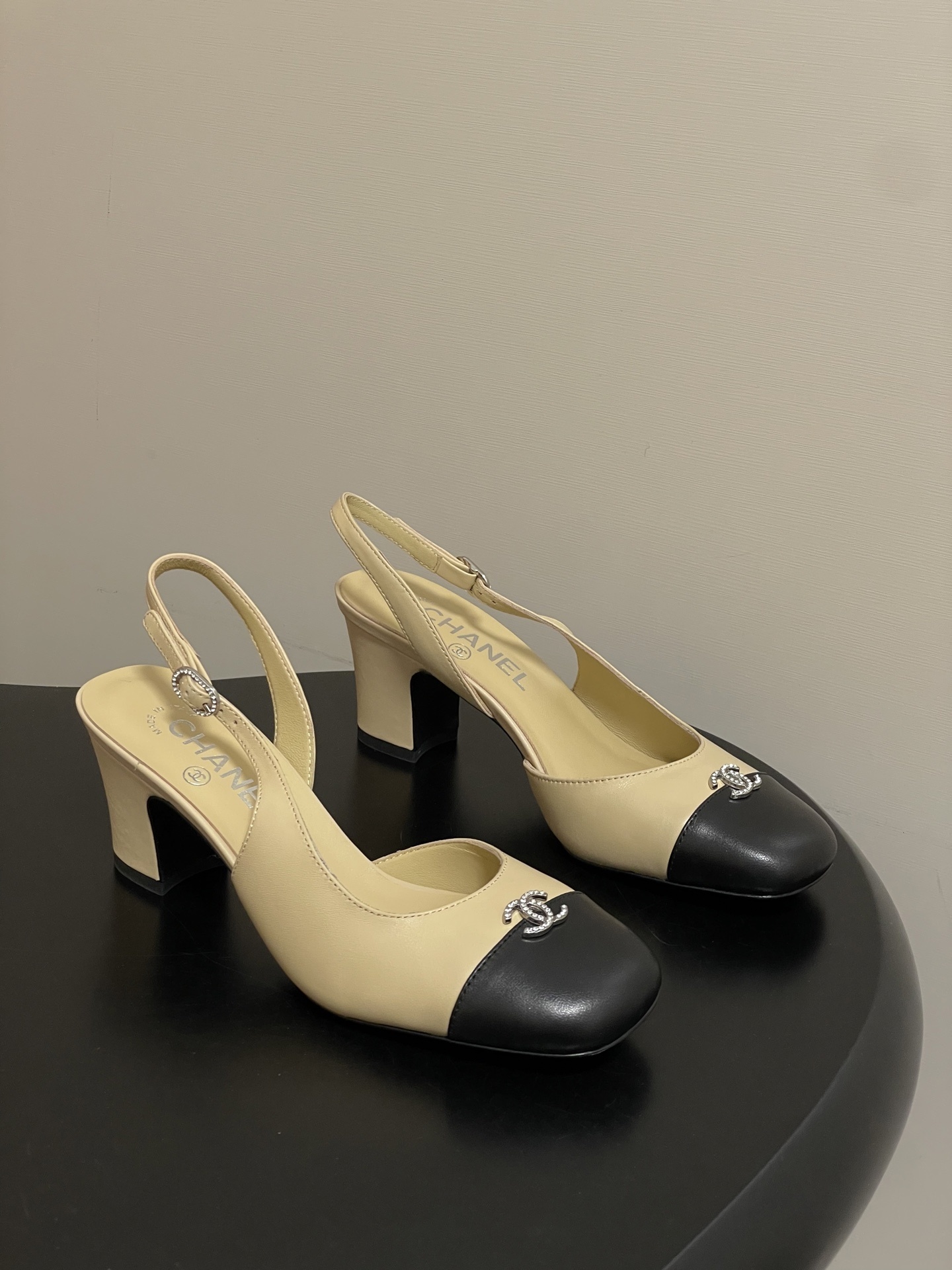 Chanel Two-Tone Slingback Pumps with Crystal CC Logo