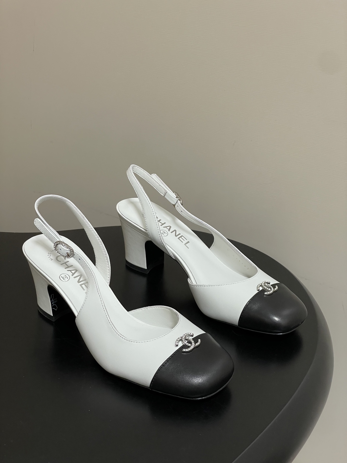 Chanel White & Black Leather Slingback Pumps with Crystal CC Logo