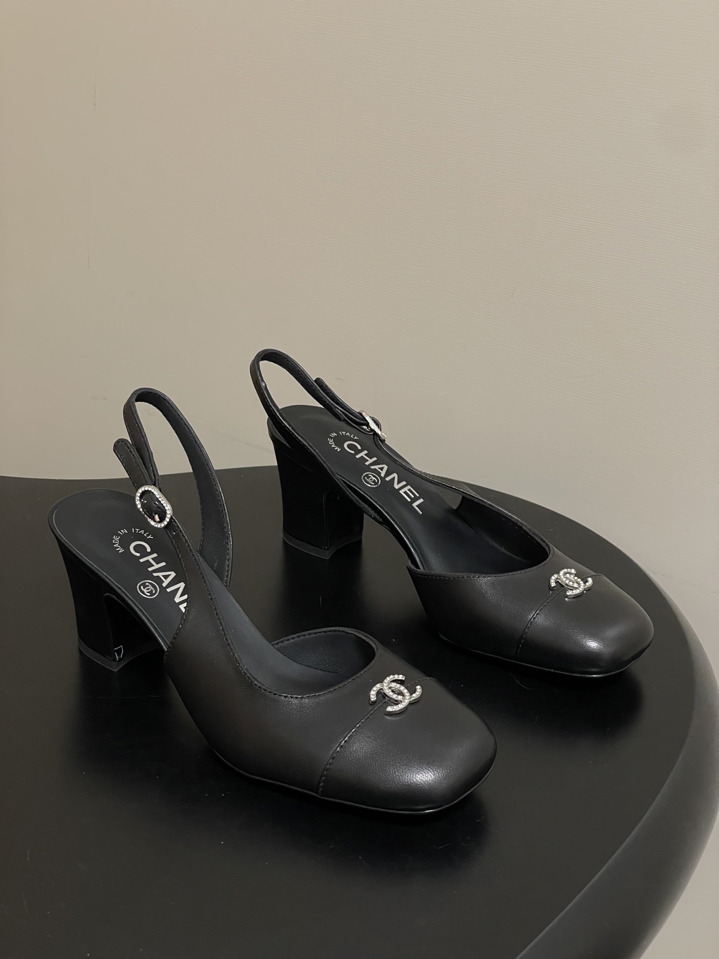 Chanel Crystal CC Slingback Block Heels in Black Leather