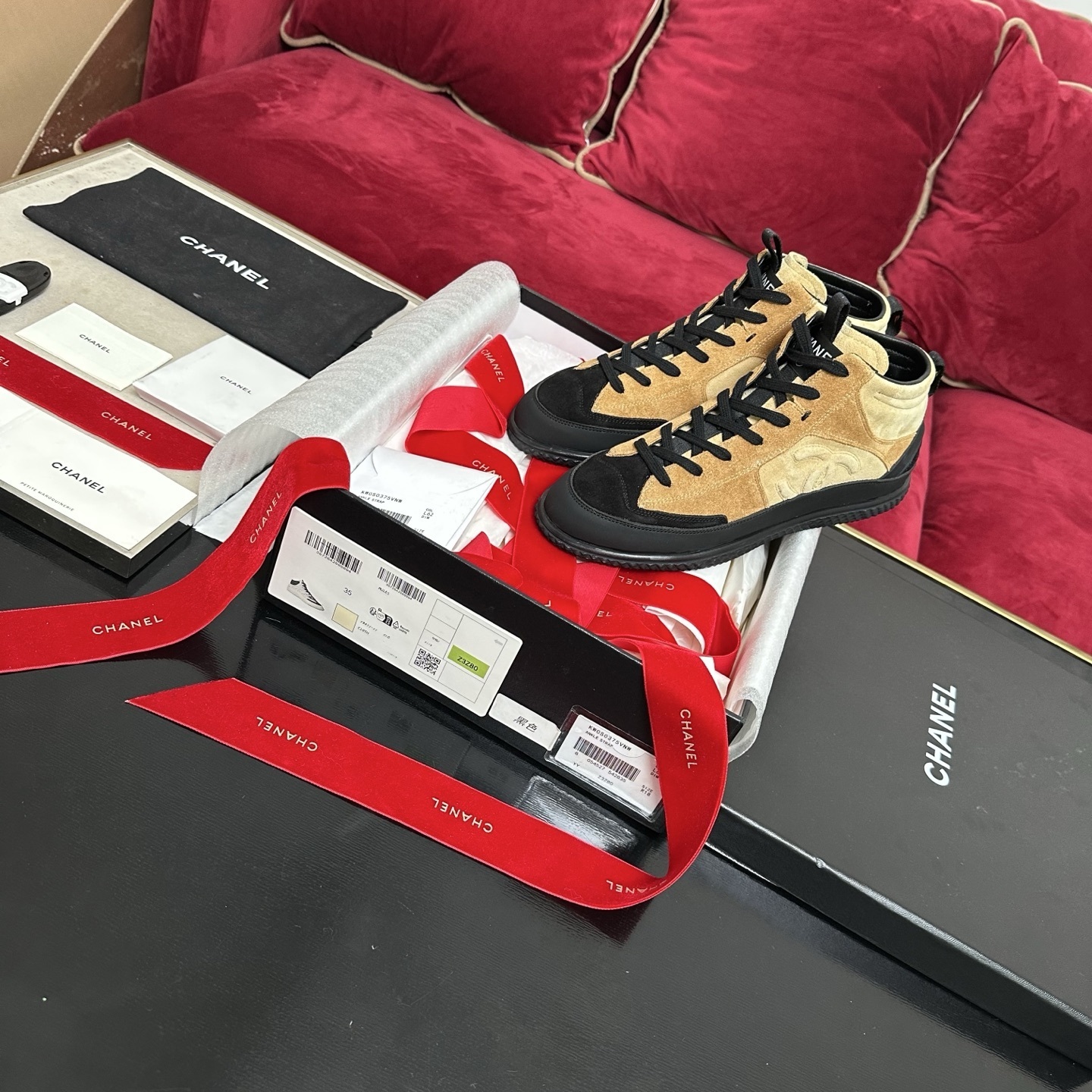 Chanel Luxury Tan & Black Suede High-Top Ankle Strap Sneakers