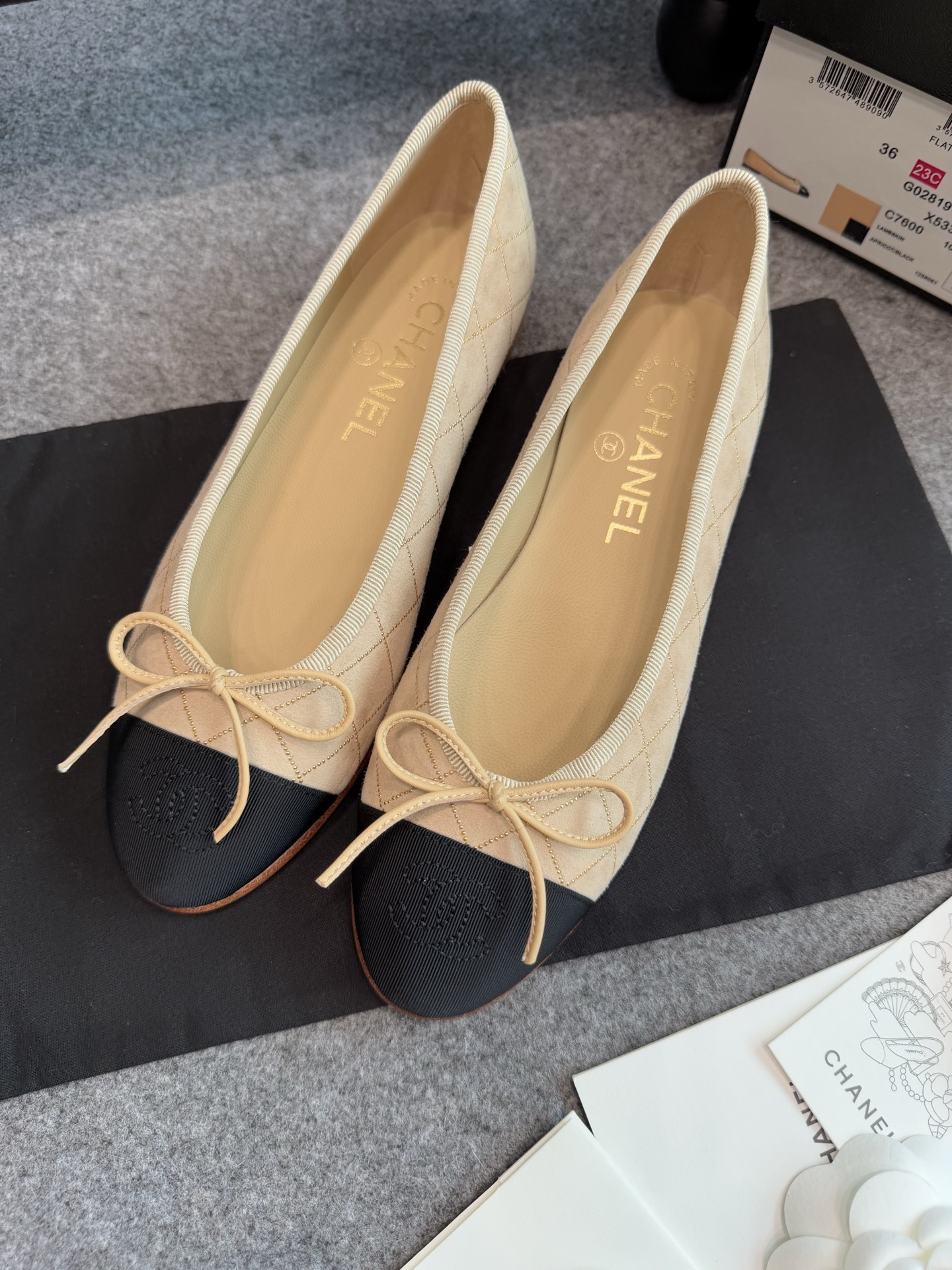 Chanel Quilted Suede Ballerina Flats – Apricot and Black Cap Toe
