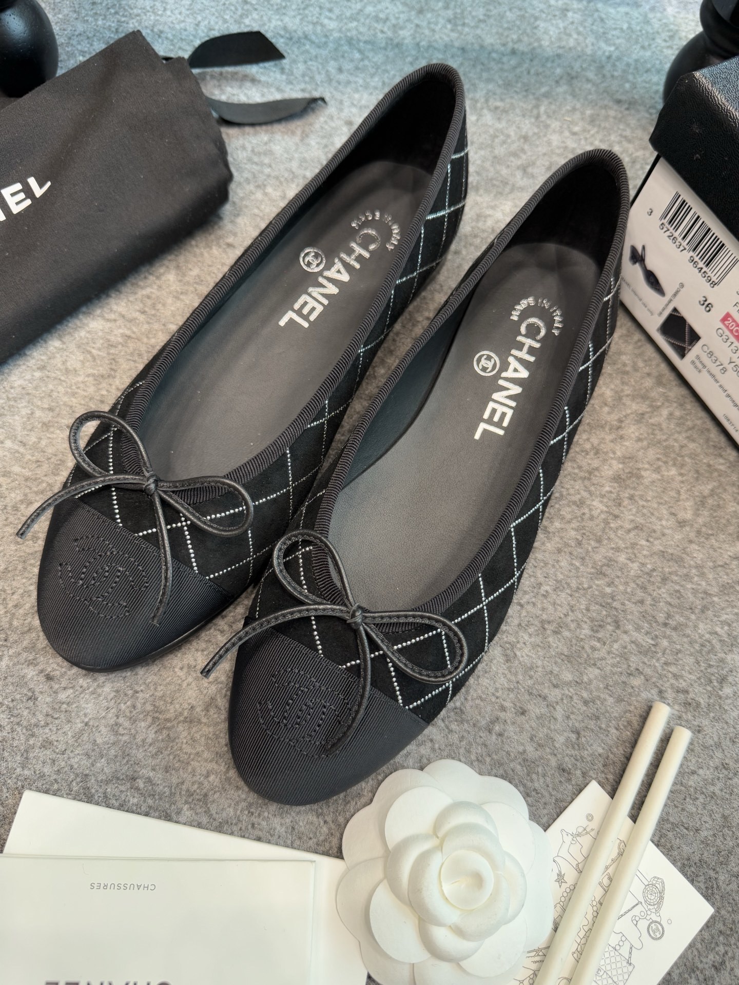 Chanel Black Quilted Suede Ballerina Flats with Bow Detail
