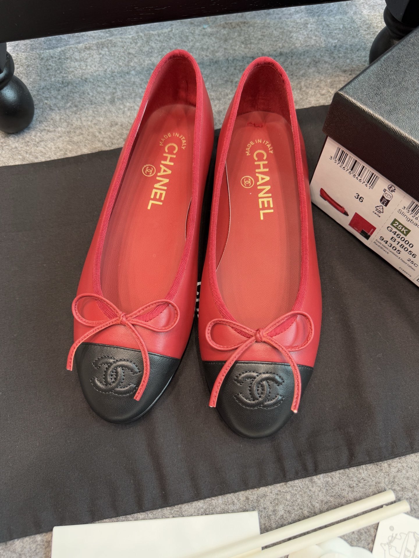 Chanel Classic Red Lambskin & Black Cap Toe Ballet Flats