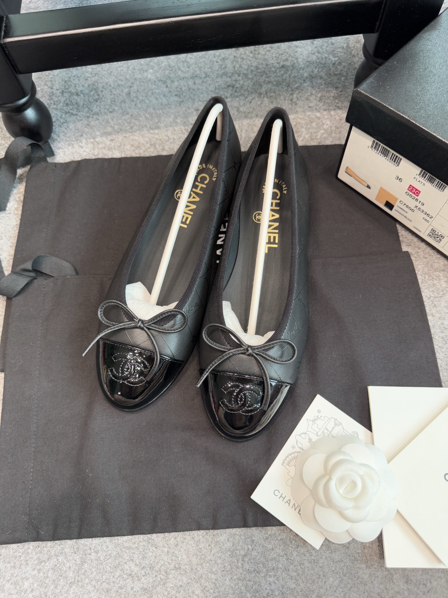 Chanel Black Quilted Leather Ballerinas with Patent Toe Cap