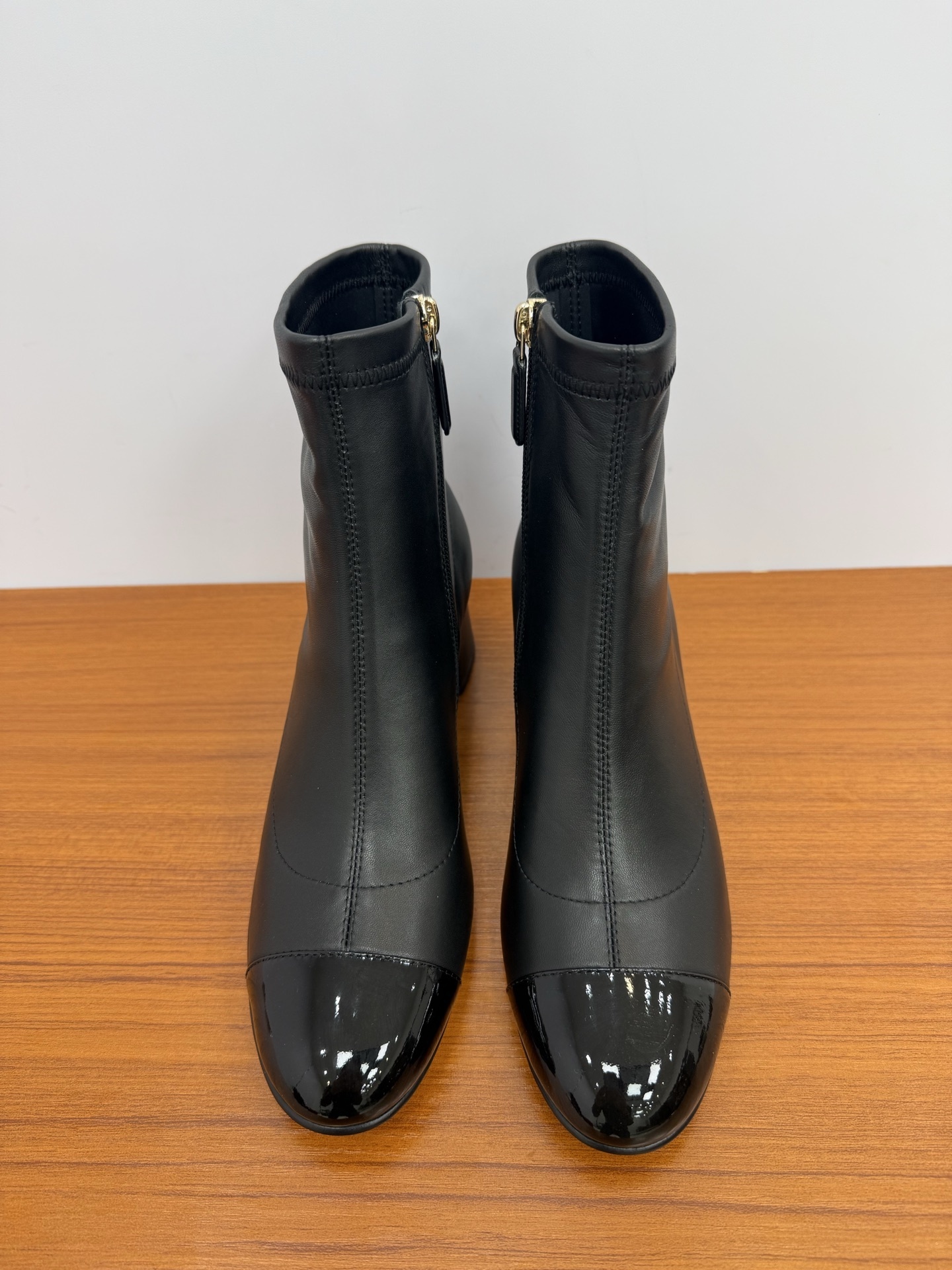 Elegant Black Leather Ankle Boots with Patent Toe & Block Heel