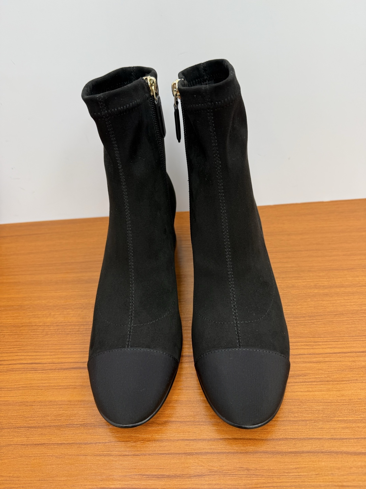 Elegant Black Suede Block Heel Ankle Boots with Cap Toe Detail