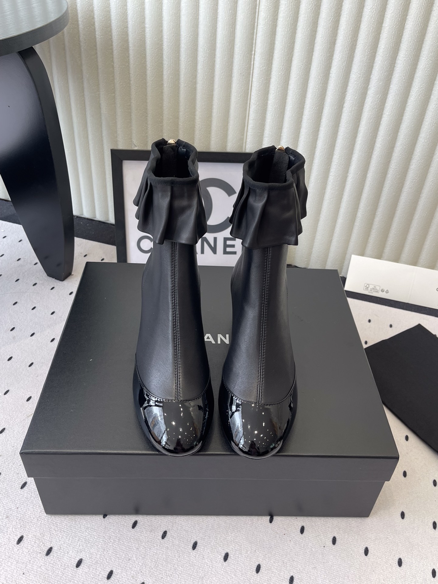 Luxury Black Leather Ruffle Ankle Boots with Patent Toe