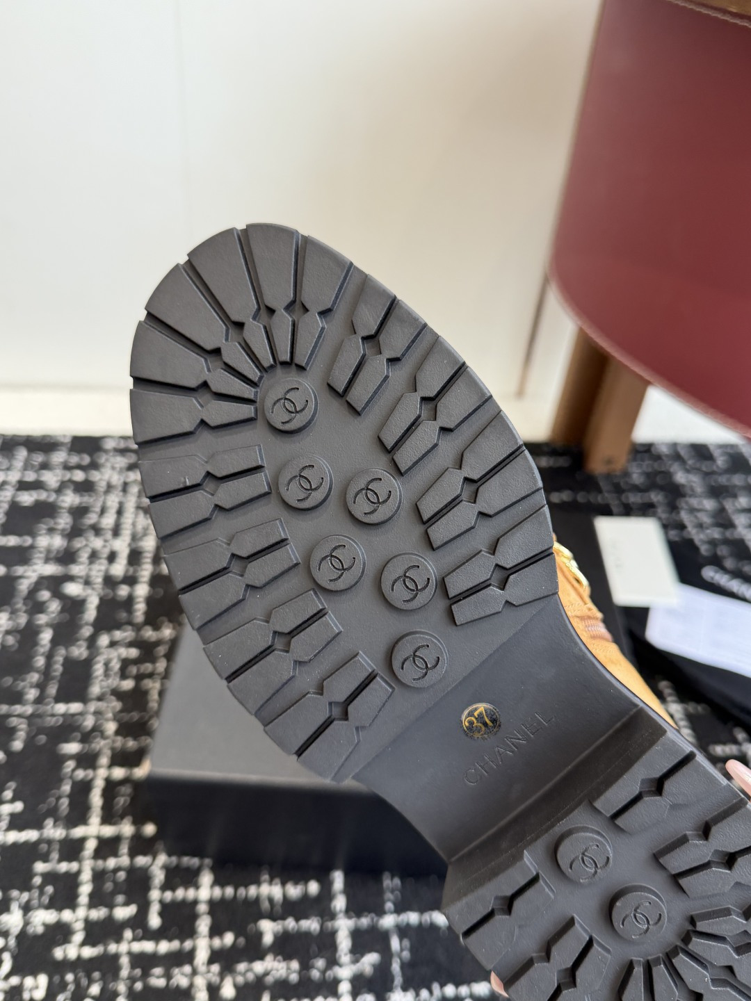 Chanel Style Tan Suede Quilted Ankle Boots with Gold Chain Detail