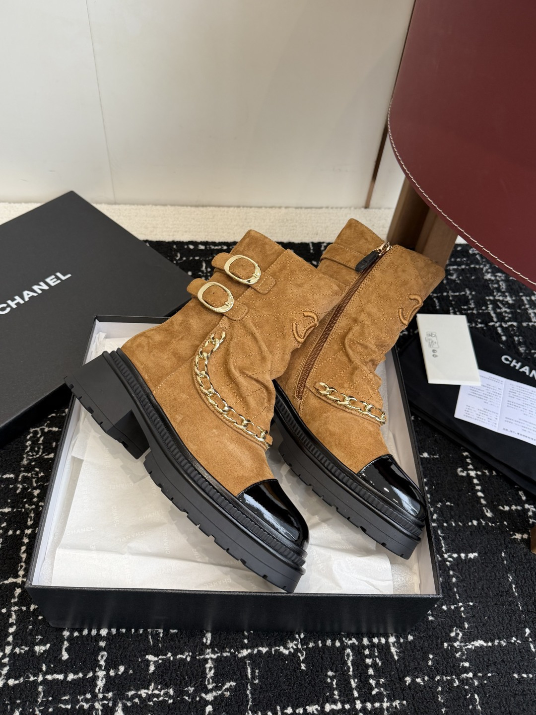 Chanel Style Tan Suede Quilted Ankle Boots with Gold Chain Detail