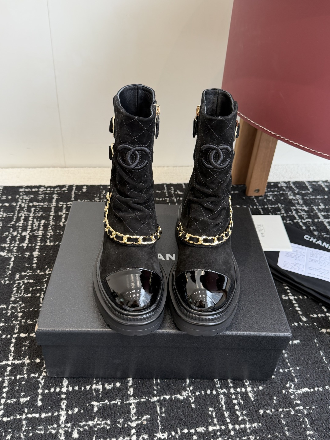 Luxury Chanel Quilted Suede Boots with Gold Chain & Patent Toe