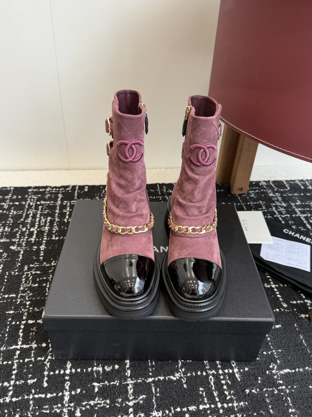 Chanel Burgundy Quilted Suede Ankle Boots with Gold Chain Detail