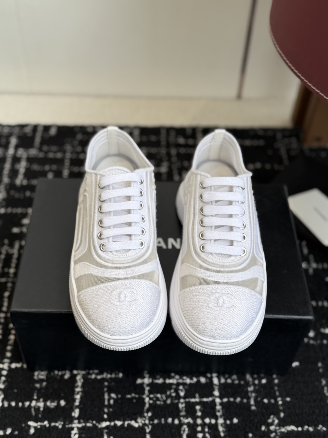 Chanel White Mesh and Fabric Sneakers with Chunky Logo Sole