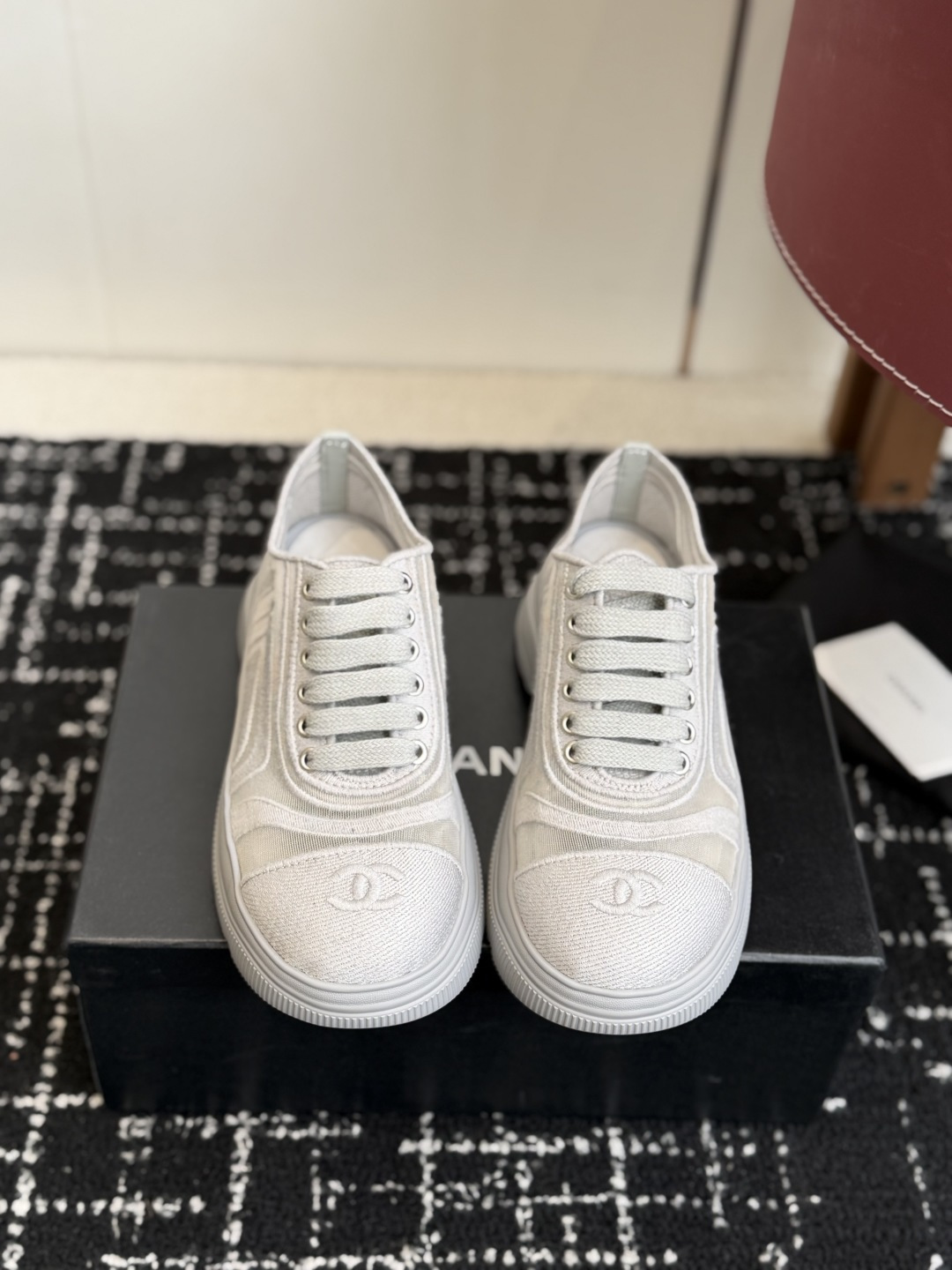 Chanel White Mesh and Fabric Platform Sneakers with CC Logo